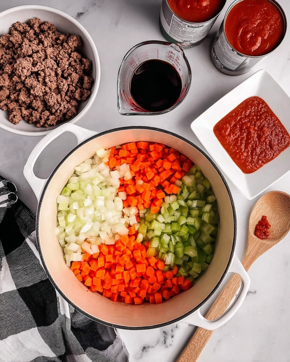A large white pot sits on a white marbled surface with chopped onions, orange carrots, and green celery arranged in three separate sections inside. To the upper left of the pot, a white bowl holds cooked brown ground beef. Next to that is a clear measuring cup filled with a dark liquid. To the upper right of the pot are two open cans of tomato product showing their bright red contents, plus a small white square dish with a thick red paste. A wooden spoon rests on the surface to the lower right of the pot, and a black and white checkered cloth lies underneath the pot handle on the left side. photo taken with an iphone --ar 4:5 --v 7