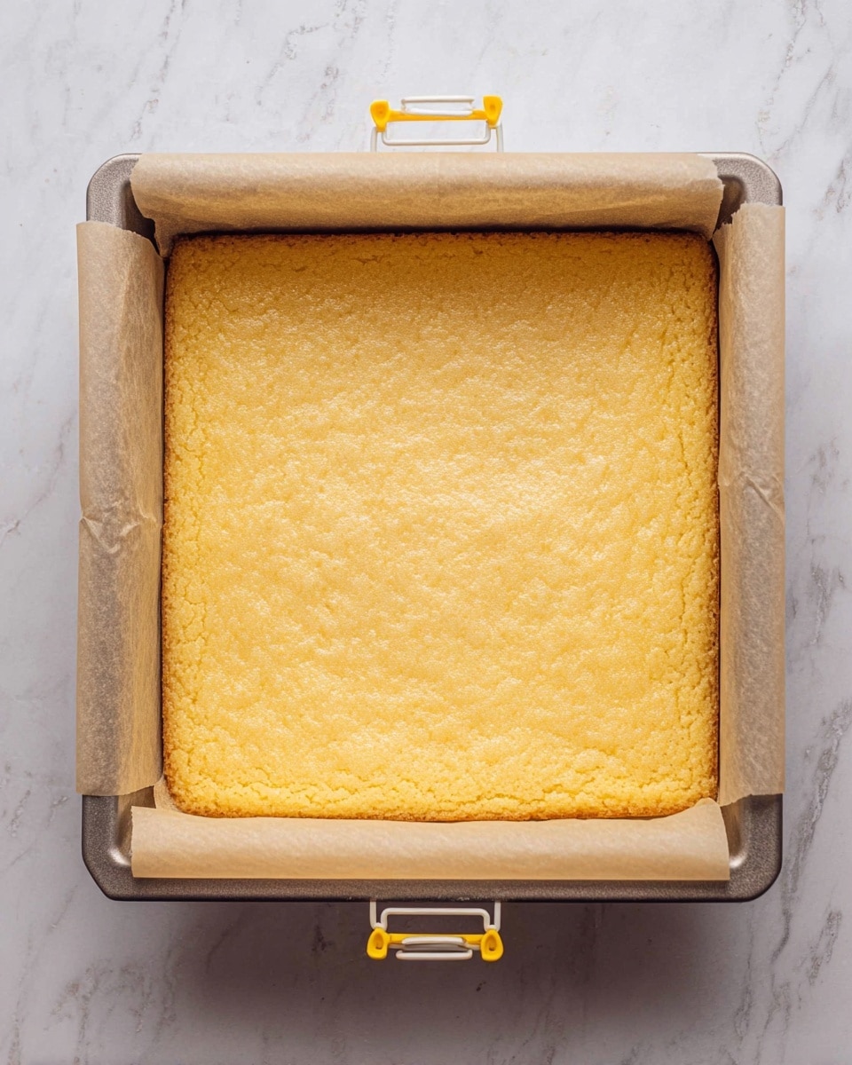 Strawberry Lemonade Bars Recipe 5 A single, flat, golden yellow baked layer with a slightly uneven texture sits inside a square metal baking pan lined with parchment paper. The parchment edges extend above the pan's sides and are held in place by four clips, two yellow and two white, attached on each side of the pan. The surface beneath the pan is a white marbled texture. photo taken with an iphone --ar 4:5 --v 7