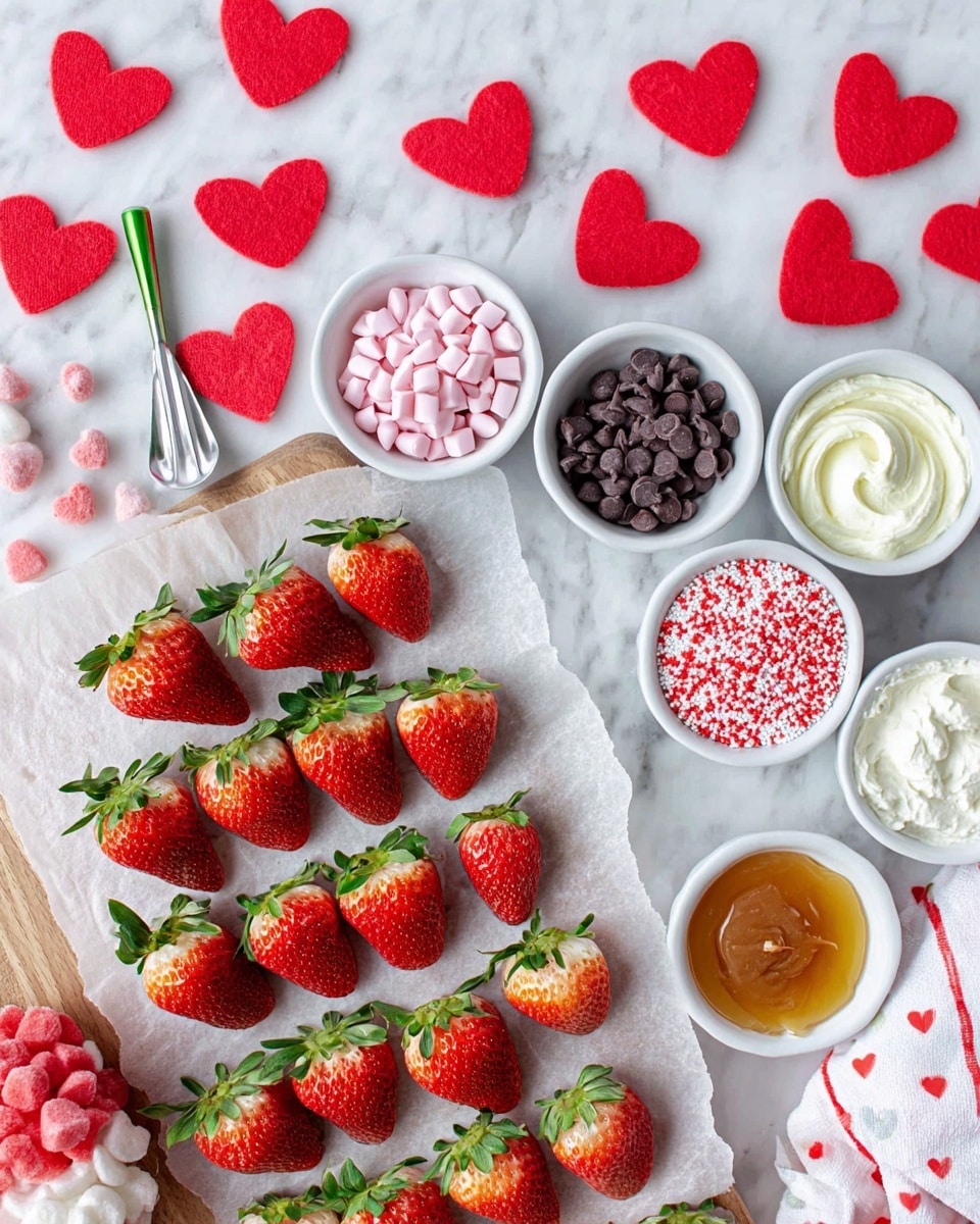 The image shows a top view of many half strawberries with green tops, laid out on white parchment paper on a wooden board at the bottom right. Around the board, there are small white bowls filled with different items: one with pink candy melts, one with dark chocolate chips, one with red candy melts, one with honey, one with white powdered sugar, one with a creamy white frosting, and one with red, white, and pink small round sprinkles. Red felt heart shapes are scattered all around on a white marbled surface. A woman's hand is holding a small metal spoon with a green handle near the top left, and a white kitchen towel with red hearts is at the top right. photo taken with an iphone --ar 4:5 --v 7