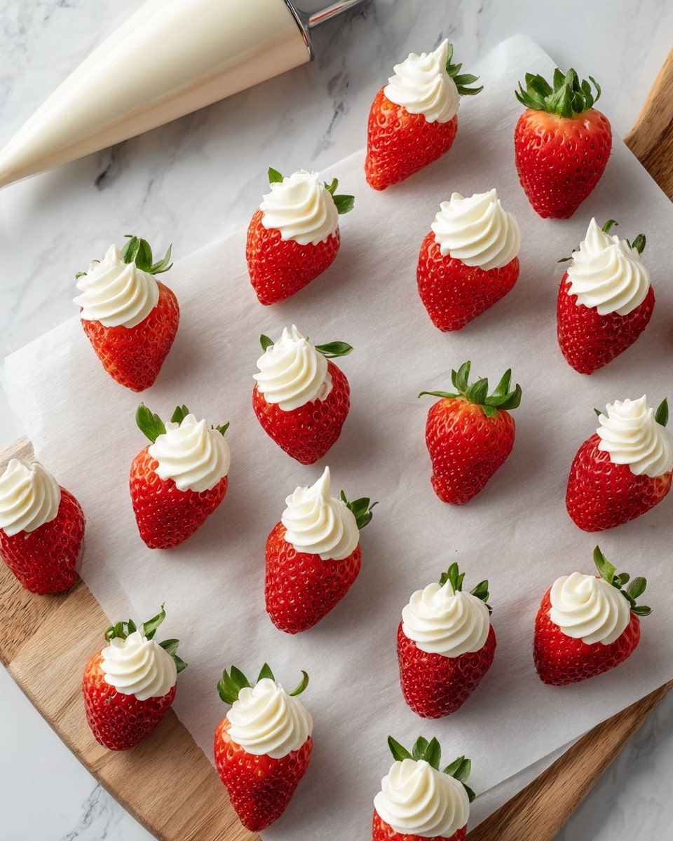 The image shows a wooden board with white parchment paper, placed on a white marbled surface. On the parchment paper there are many halved red strawberries with green stems, each filled with a swirl of smooth, white cream on top, forming one visible creamy layer inside each strawberry half. A large cream piping bag lays on the upper left side, partially in the background, with a silver metal tip facing the strawberries. The whole scene is bright and fresh with vivid red, green, and white colors. photo taken with an iphone --ar 4:5 --v 7