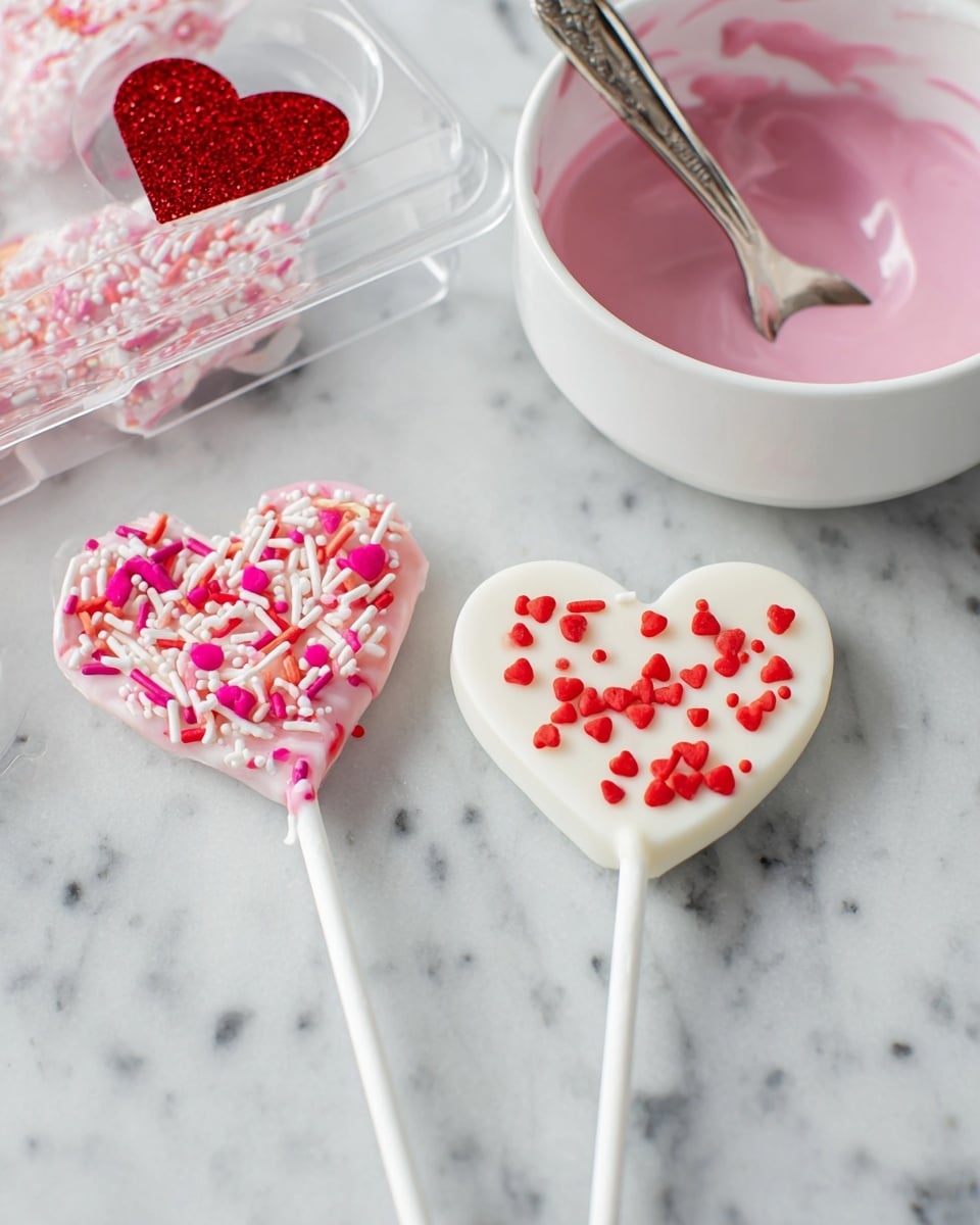 The image shows a clear plastic mold with two heart-shaped white chocolate lollipops on a white marbled surface. The lollipop on the left is decorated with pink, red, and light pink sprinkles in various shapes like dots, hearts, and sticks, creating a colorful, textured layer on top of the smooth white chocolate. The lollipop on the right has a simpler decoration of small round red sprinkles spread across the white chocolate surface. A white bowl nearby holds pink melted chocolate with a silver spoon resting inside, and a small red glittery heart decoration is placed between the bowl and the mold. Photo taken with an iphone --ar 4:5 --v 7