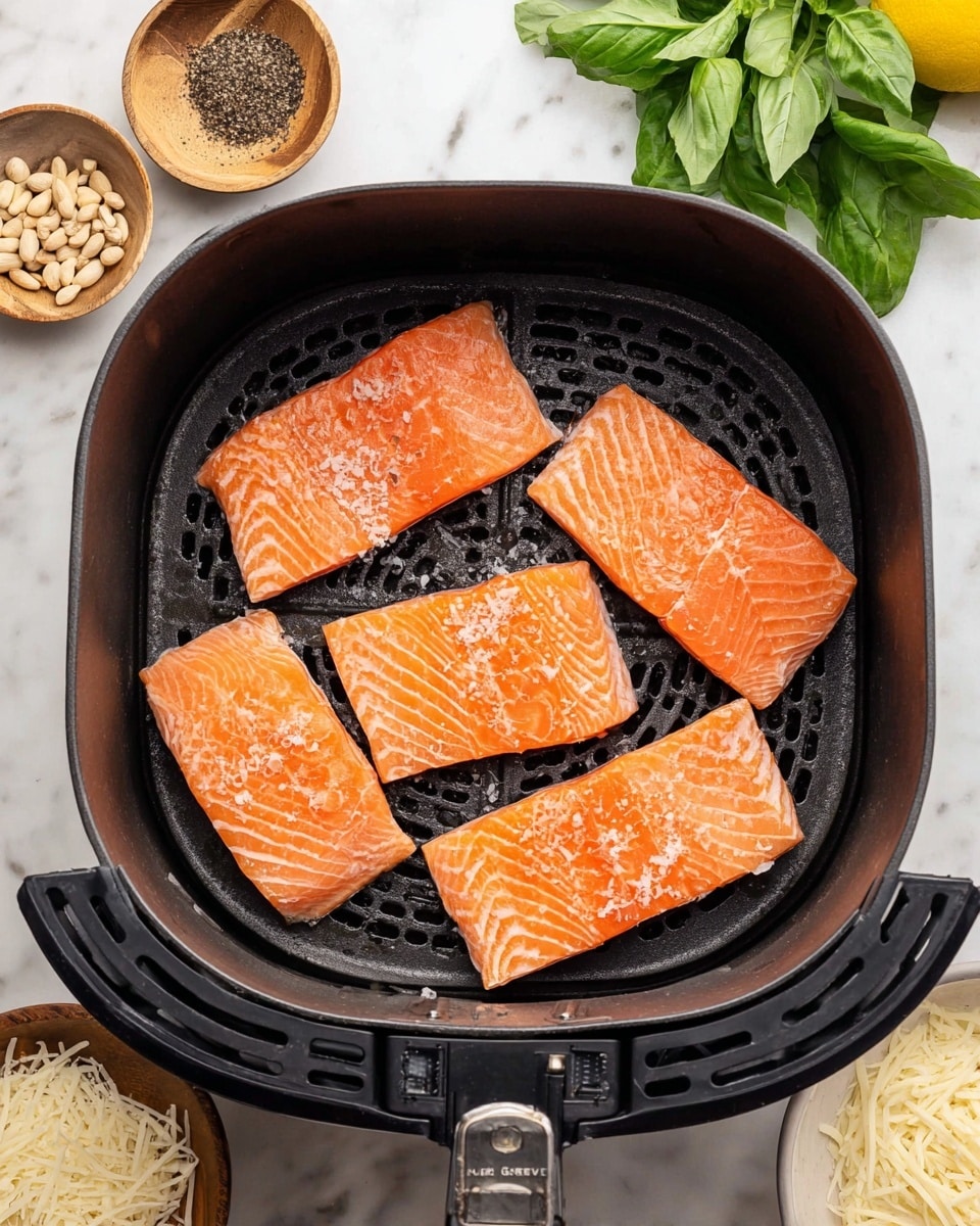 Inside a black air fryer basket with a grid bottom, there are five pieces of raw salmon. Each piece is orange with white lines running through it and is lightly sprinkled with salt. The pieces are laid flat, spaced apart in two rows, with two in the top row, two in the middle, and one in the right middle. Around the basket is a white marbled surface with small white bowls holding ground black pepper and salt, pine nuts, and a wooden bowl filled with grated cheese. A bunch of fresh green basil leaves is placed near the bowls. A woman's hand is not visible but implied to be close by as a lemon rests at the top right corner. Photo taken with an iphone --ar 4:5 --v 7