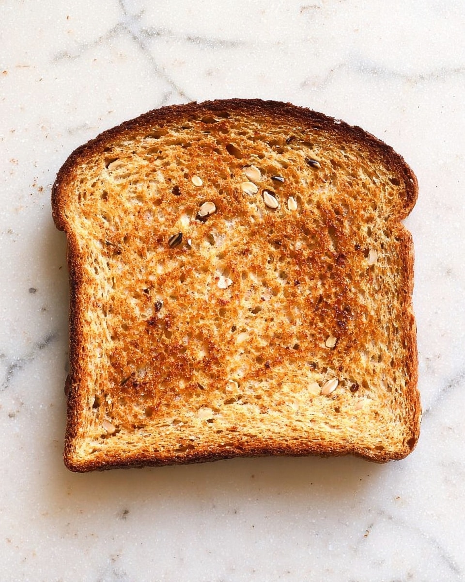 A single slice of toasted whole grain bread is shown from above. The bread has a golden brown color with some darker spots indicating a crispy texture. The surface shows a mix of small grains and seeds embedded in the bread. It is placed on a white marbled background. photo taken with an iphone --ar 4:5 --v 7
