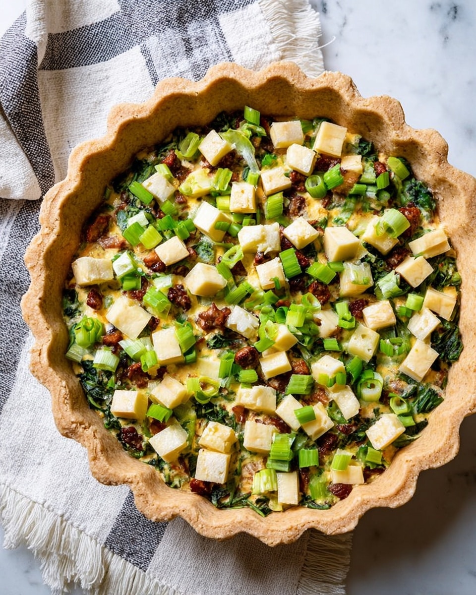 A round, fluted pie crust filled with three visible layers: the bottom layer shows chopped dark green vegetables or herbs, the middle layer has small brown pieces that look like cooked bits of meat or mushrooms, and the top layer is covered with many small cubes of pale yellow cheese scattered evenly with chopped bright green scallions on top. The pie crust is natural brown and sits on a white marbled surface next to a striped cloth with fringed edges. photo taken with an iphone --ar 4:5 --v 7