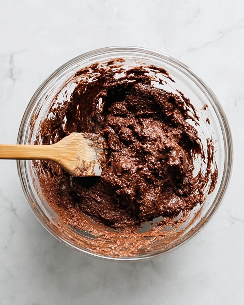 The image shows eight round chocolate cookie dough balls placed in two rows on white parchment paper inside a black baking tray. Each cookie dough ball has a rich brown color with some white flour or powdered sugar dusted lightly on top, giving a slightly uneven texture. A woman's hand is holding a wooden brush with light brown bristles, brushing a light glaze or egg wash onto the cookie dough ball at the lower right corner. The baking tray is set on a white marbled surface, adding a clean and bright look to the scene. photo taken with an iphone --ar 4:5 --v 7
