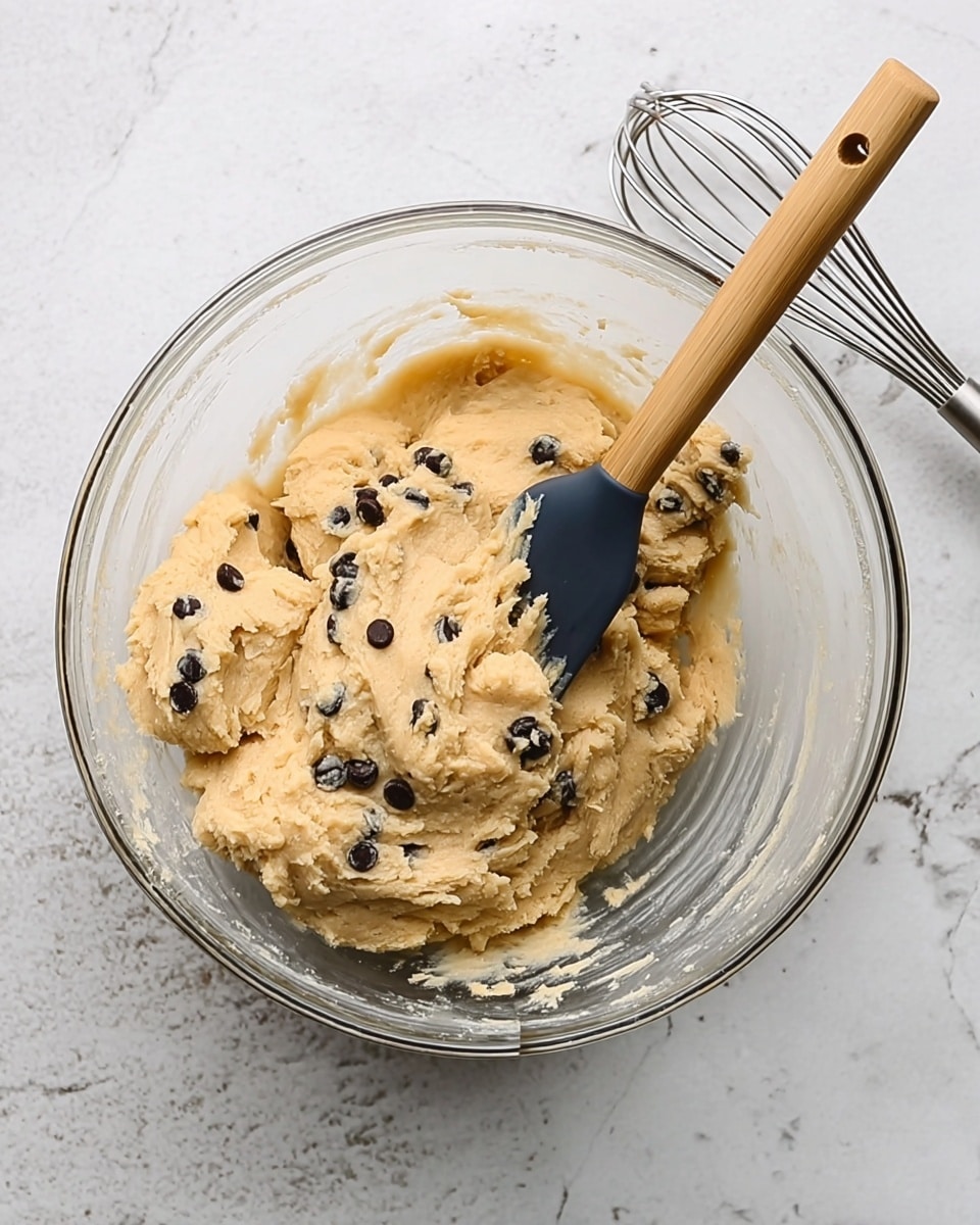 A glass bowl filled with beige cookie dough mixed with scattered small dark chocolate chips, showing a thick and soft texture. A spatula with a light wooden handle and a black silicone tip is resting inside the bowl, partly covered with dough on the tip. A metal whisk with a black handle is placed next to the bowl on a white marbled surface. The photo is taken from above with an iphone --ar 4:5 --v 7