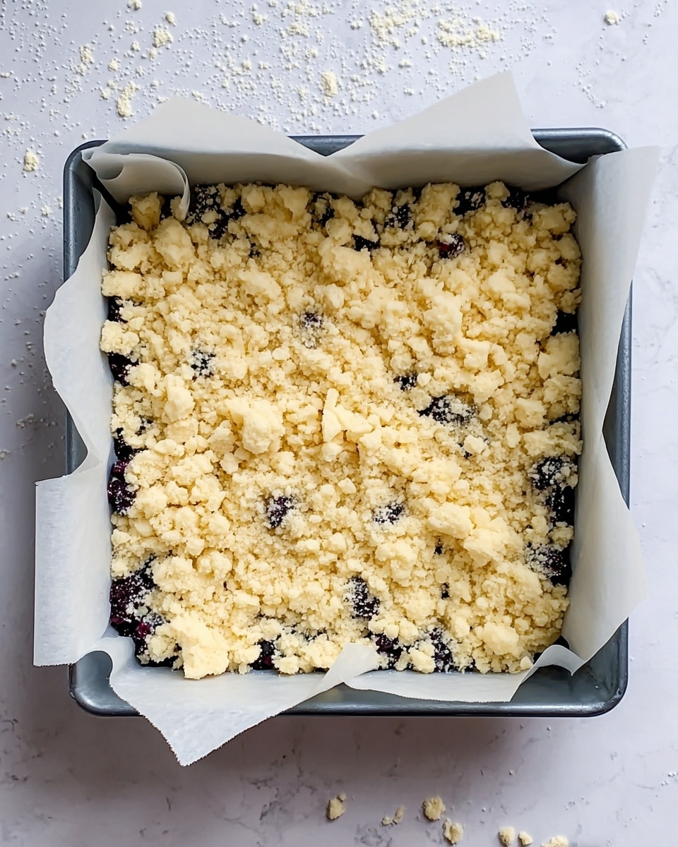The image shows a square baking pan lined with white parchment paper, filled with a crumbly dessert before baking. The dessert has three layers: the bottom layer is not visible, the middle layer consists of scattered dark blueberries peeking through, and the top layer is a light yellow crumb topping made of uneven small chunks, giving it a rough texture. The pan is placed on a white marbled surface with a few crumbs scattered around. Photo taken with an iphone --ar 4:5 --v 7