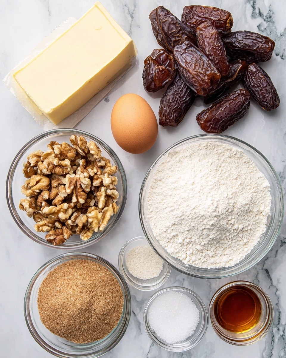 A top view of baking ingredients arranged on a white marbled surface, including a rectangular pale yellow block of butter at the top left, a cluster of dark brown dates with a wrinkly texture above the center, and a single smooth brown egg right below the dates. To the left of the egg, there is a clear glass bowl filled with light brown, chunky walnut halves. To the right of the egg, a clear glass bowl contains white flour with a slightly clumpy texture. Below, there is a smaller clear bowl with light brown packed brown sugar in the center, surrounded by three additional small clear bowls containing white sugar, coarse salt, and baking powder. A small glass bowl with amber-colored vanilla extract is at the lower left corner. Photo taken with an iphone --ar 4:5 --v 7