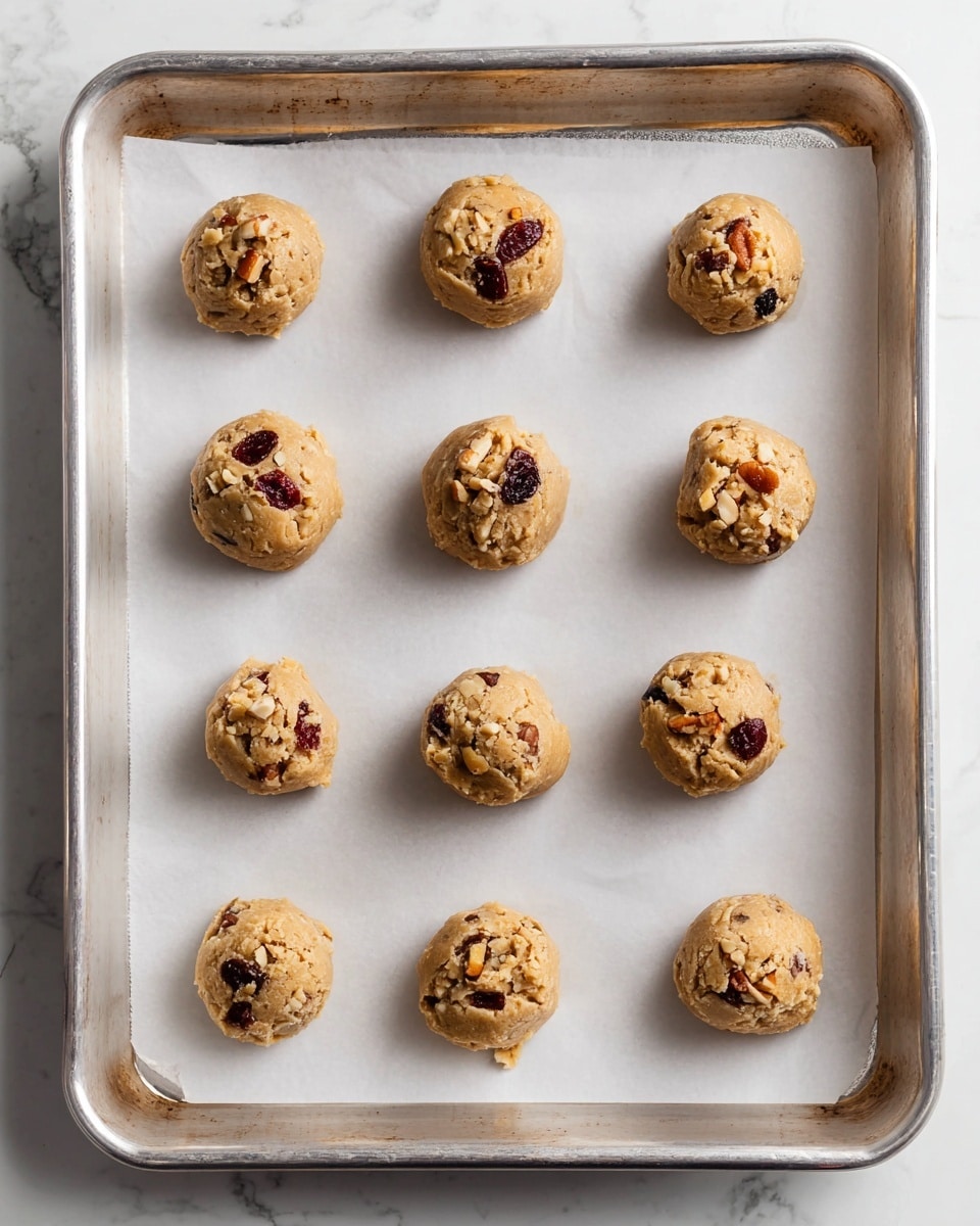 Nine small cookie dough balls are evenly placed in three rows on a silver baking tray lined with white parchment paper. Each ball is light brown with visible chunks of nuts and dark dried fruit pieces embedded on the surface, giving a rough texture. The background surface is white marble, and the overall setup is neat and clean. photo taken with an iphone --ar 4:5 --v 7