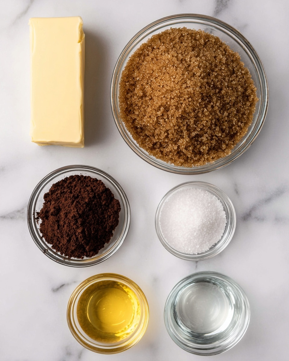 The image shows six separate ingredients arranged on a white marbled surface. At the top is a large clear glass bowl filled with light to dark brown granular sugar. To the left of this bowl is a single rectangular piece of pale yellow butter, placed flat. Below the sugar bowl is a smaller clear glass bowl full of dark brown powder, which appears soft and fine. To the right of the powder bowl is a small clear glass bowl containing coarse white salt crystals. Below the salt bowl is another small clear glass bowl with clear liquid, likely water. At the bottom left is a small round clear glass bowl with a golden yellow liquid. All items are viewed from above, clearly showing texture and color. photo taken with an iphone --ar 4:5 --v 7