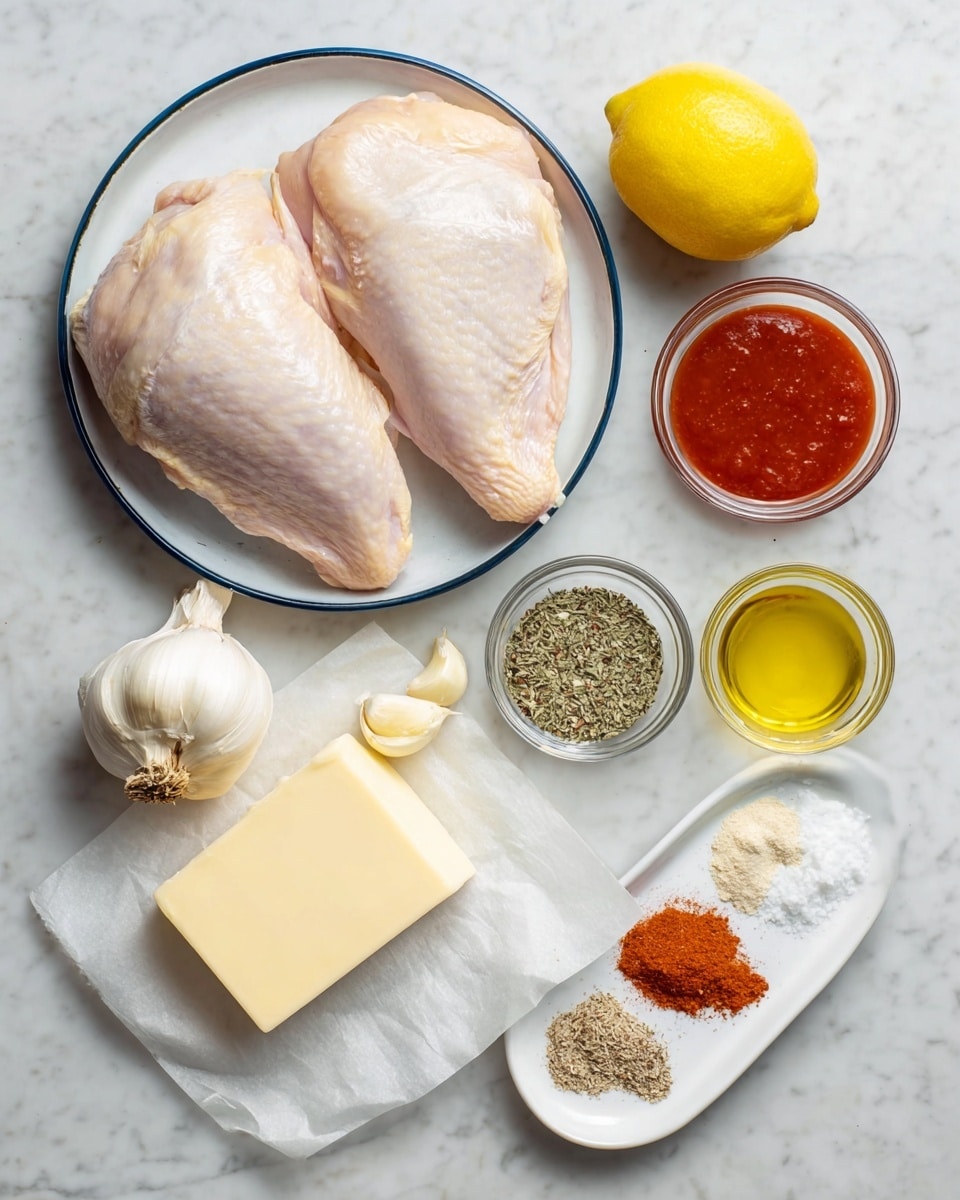 The image shows raw food ingredients arranged on a white marbled surface. On the top left, two large pale pink chicken pieces sit on a white plate with a dark blue inside. To the right of the chicken, a small clear glass bowl holds a red sauce, with a bright yellow lemon below it. Below the lemon is a small clear glass bowl of mixed dried herbs. Near the center, there is a square piece of pale yellow butter on white parchment paper. To the left of the butter are three peeled garlic cloves. A large wedge of pale yellow cheese lies next to the garlic near the bottom left. Near the bottom center, there is a small clear glass bowl of light yellow liquid, likely olive oil. On the bottom right there is a white oval plate holding five small piles of spices: coarse white salt, black pepper, paprika, garlic powder, and an undefined light powder. photo taken with an iphone --ar 4:5 --v 7