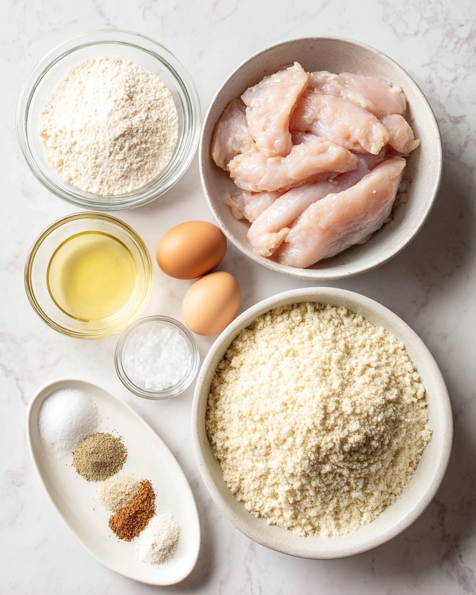 A flat lay of raw cooking ingredients arranged on a white marbled surface, featuring a large bowl filled with pale pink raw chicken strips, positioned at the upper right. Below it, a white bowl holds textured, off-white breadcrumbs. Slightly left of center, two brown eggs rest closely together. Above them, a small clear glass bowl contains white flour, and next to it, a similar bowl filled with pale yellow oil. At the bottom left, a small white oval plate displays three small piles of spices in shades of off-white, light beige, and brown. A small glass bowl with coarse white salt is placed near the eggs. photo taken with an iphone --ar 4:5 --v 7