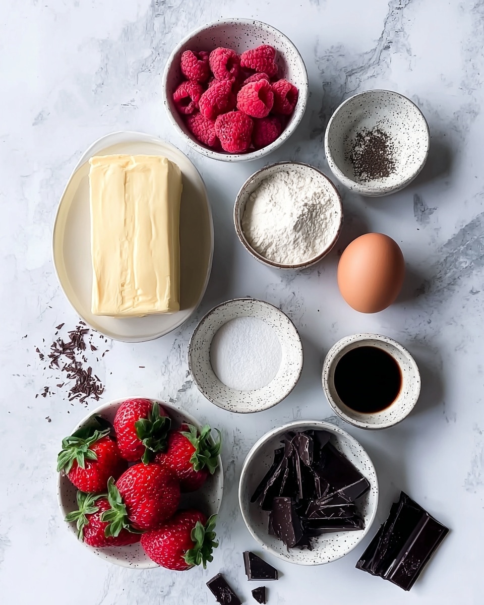 The image shows several baking ingredients arranged on a white marbled surface. There is a white plate on the bottom left holding a large block of pale yellow butter. Next to it is a small white bowl filled with bright red strawberries with green leaves. Above that are three small white bowls with black speckled edges containing white flour, white sugar, and small black seeds or ground spice. There is one large brown egg sitting alone near the center right. Two small white bowls hold dark chocolate chunks and a dark liquid, likely vanilla or syrup, near the top middle. At the top left, there is a small white bowl filled with bright pink dried raspberries. Small pieces of chopped dark chocolate are scattered around the bowls for a somewhat messy look. photo taken with an iphone --ar 4:5 --v 7