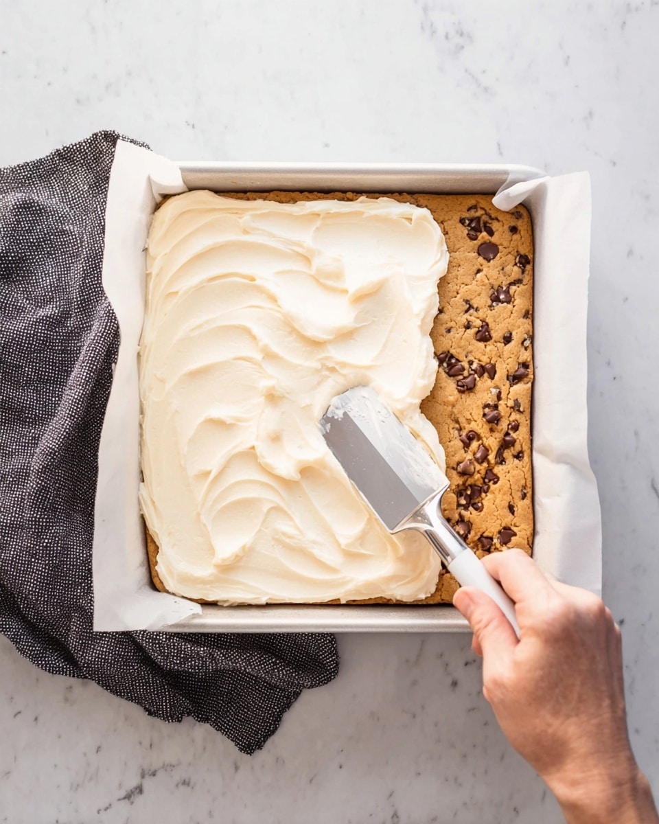 A square white baking tray lined with parchment paper holds a thick layer of baked chocolate chip cookie dough, golden brown with visible chocolate chips through the top right corner. A smooth, creamy, off-white frosting is being spread on the cookie layer with a silver spatula held by a woman's hand from the right side. The frosting covers just over half the cookie layer, showing a soft, swirled texture. A dark gray textured cloth lies to the left side on a white marbled surface. photo taken with an iphone --ar 4:5 --v 7