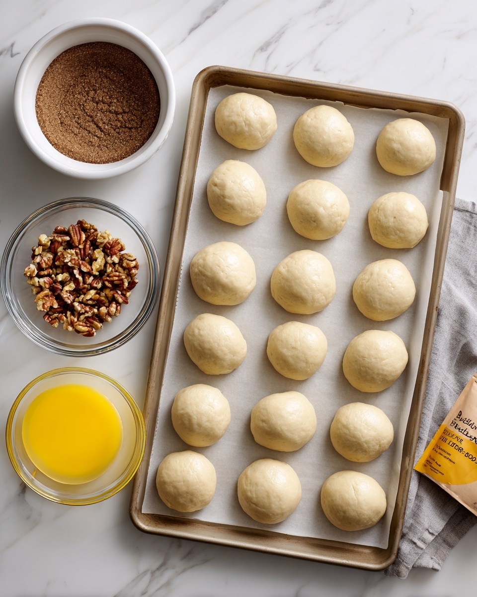 The image shows a baking tray lined with parchment paper holding 24 small, round frozen dinner rolls arranged in four rows of six. To the top left of the tray is a white bowl filled with dark brown sugar, and below it is a clear glass bowl holding small pieces of pecans. At the bottom left is a small clear glass bowl filled with melted butter that is bright yellow and shiny. To the bottom right, there is a light brown package labeled butterscotch pudding mix. All items are placed on a white marbled surface. Photo taken with an iphone --ar 4:5 --v 7