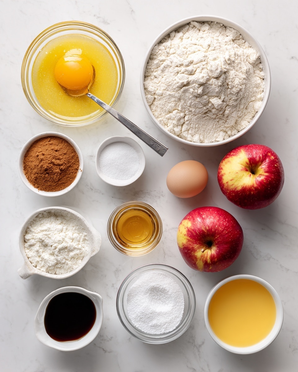 The image shows various baking ingredients arranged neatly on a white marbled surface. There is one layer of ingredients: a clear glass bowl with a beaten egg and a fork inside it on the left, a white bowl filled with all-purpose flour at the top right, two red apples with yellowish spots beside it, a small clear dish of salt in the center, a small white bowl holding baking powder and cornstarch at the bottom left, a measuring cup of milk below the flour bowl, a small clear bowl of cinnamon powder near the bottom center, a small white bowl filled with sugar at the bottom right, a clear round bowl of orange juice next to the apples, and a small white bowl with a dark liquid vanilla extract to the left below the eggs. Each item is clearly labeled with black text on white boxes above or beside them. The scene is bright and clean, with soft natural light. Photo taken with an iphone --ar 4:5 --v 7