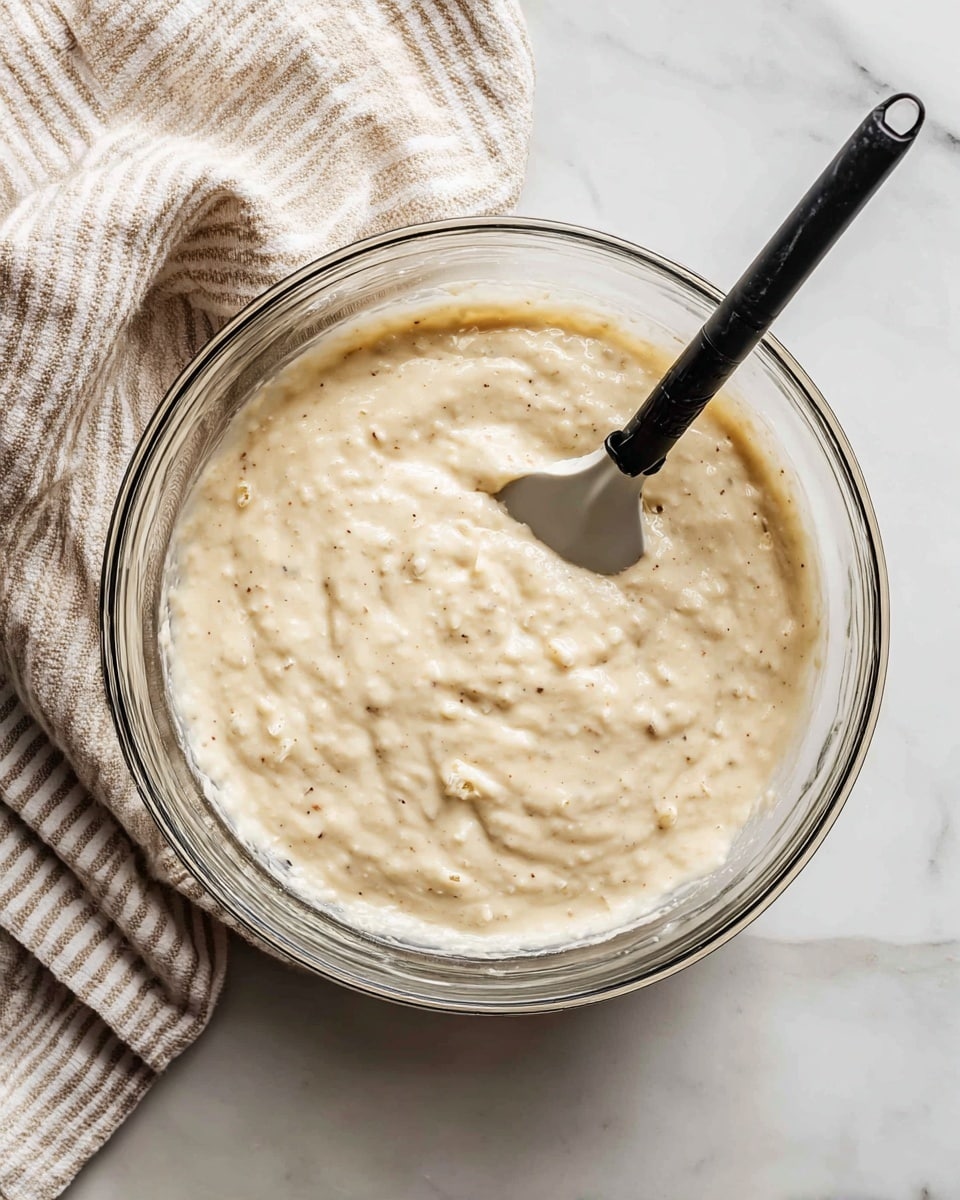 A clear glass bowl filled with a thick, light beige batter that has small lumps throughout, showing a textured surface. A black-handled spatula with a light gray head is resting inside the bowl, partially submerged in the batter on the left side. The bowl is placed on a white marbled surface, with a beige and white striped cloth partially visible at the top left corner. The number