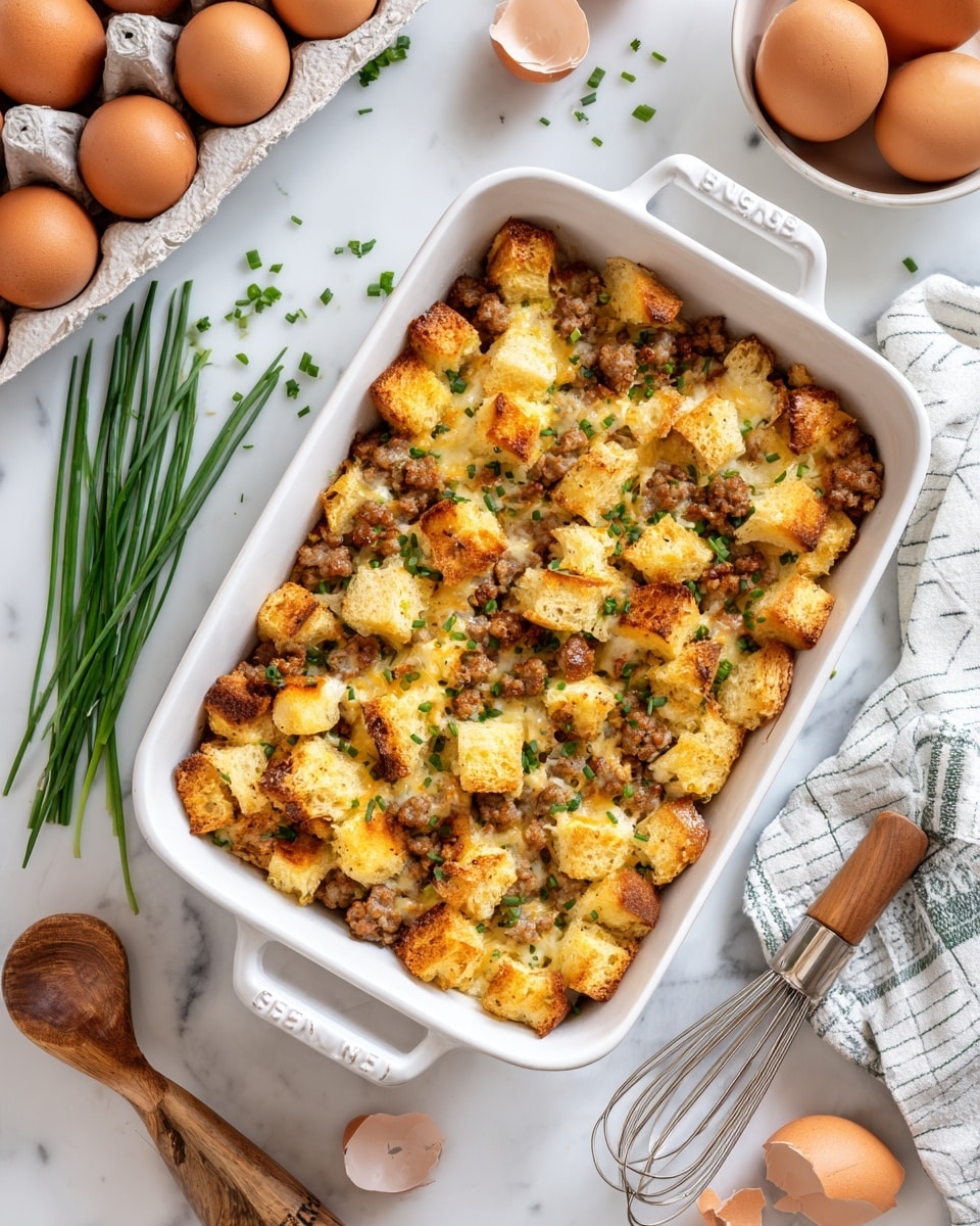 A white rectangular casserole dish filled with a golden baked casserole showing a melted cheese top layer that is a mix of yellow and light orange tones, sprinkled evenly with small chopped green chives. Beneath the cheese, you can see a textured layer with bits of browned sausage and pieces of cooked potatoes, giving some bumpy and crispy spots. The dish rests on a striped cloth with dark lines on a white marbled surface. Nearby, there are a few stacked light gray plates with silver forks and a small bunch of fresh green chives on the side. The photo taken with an iphone --ar 4:5 --v 7