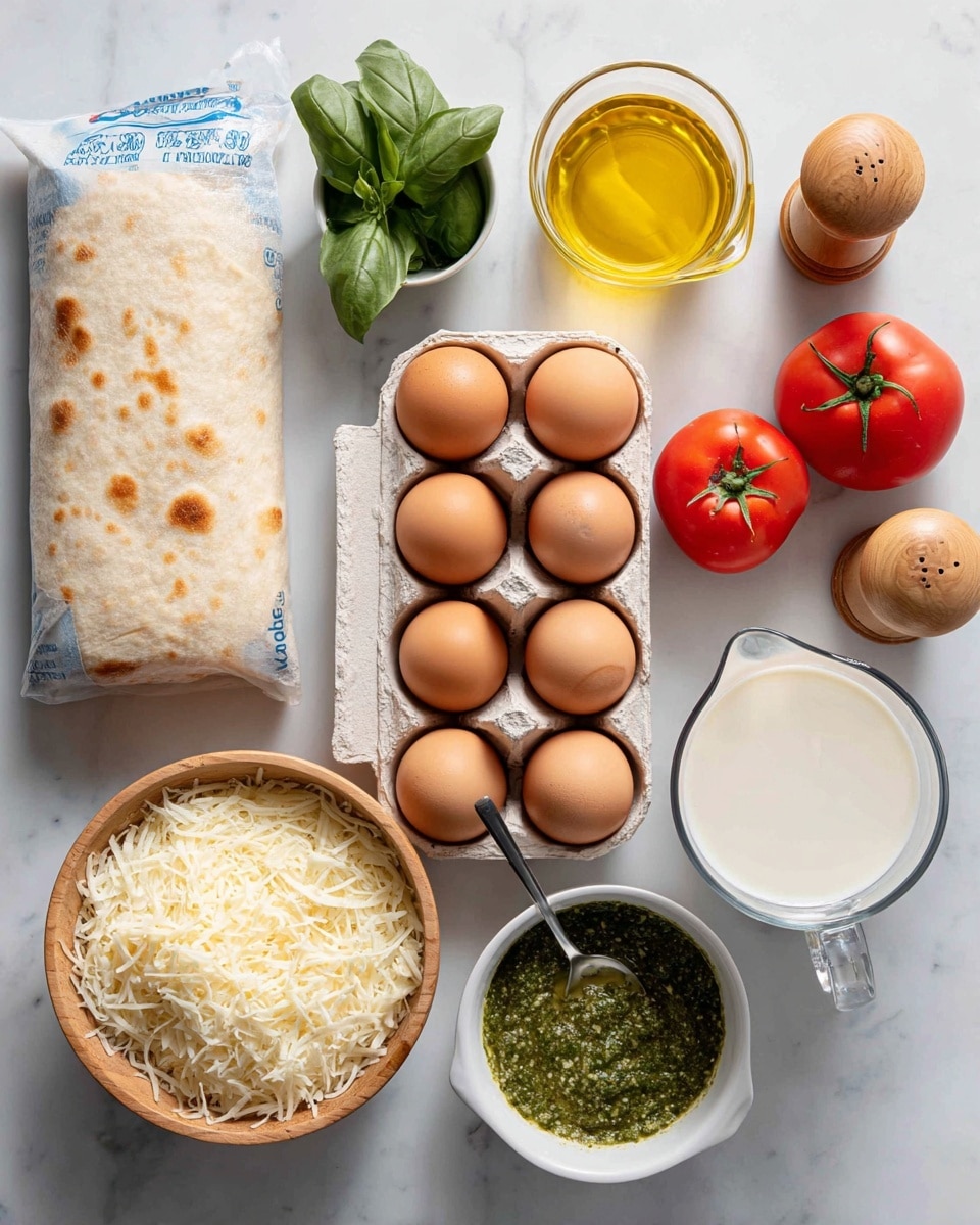 The image shows several cooking ingredients neatly arranged on a white marbled surface. There are ten brown eggs in a cardboard carton placed in the middle of the image. To the left are three bright red tomatoes and a rolled pizza crust in blue packaging. Above the eggs are a small pile of fresh green basil leaves and a glass container filled with golden olive oil. To the right, there is a wooden bowl filled with shredded white cheese, a clear measuring cup with white milk, and a small white bowl of green pesto with a silver spoon inside. At the top right corner, there are wooden salt and pepper shakers. All the items are clearly labeled with black text on white rectangles. Photo taken with an iphone --ar 4:5 --v 7