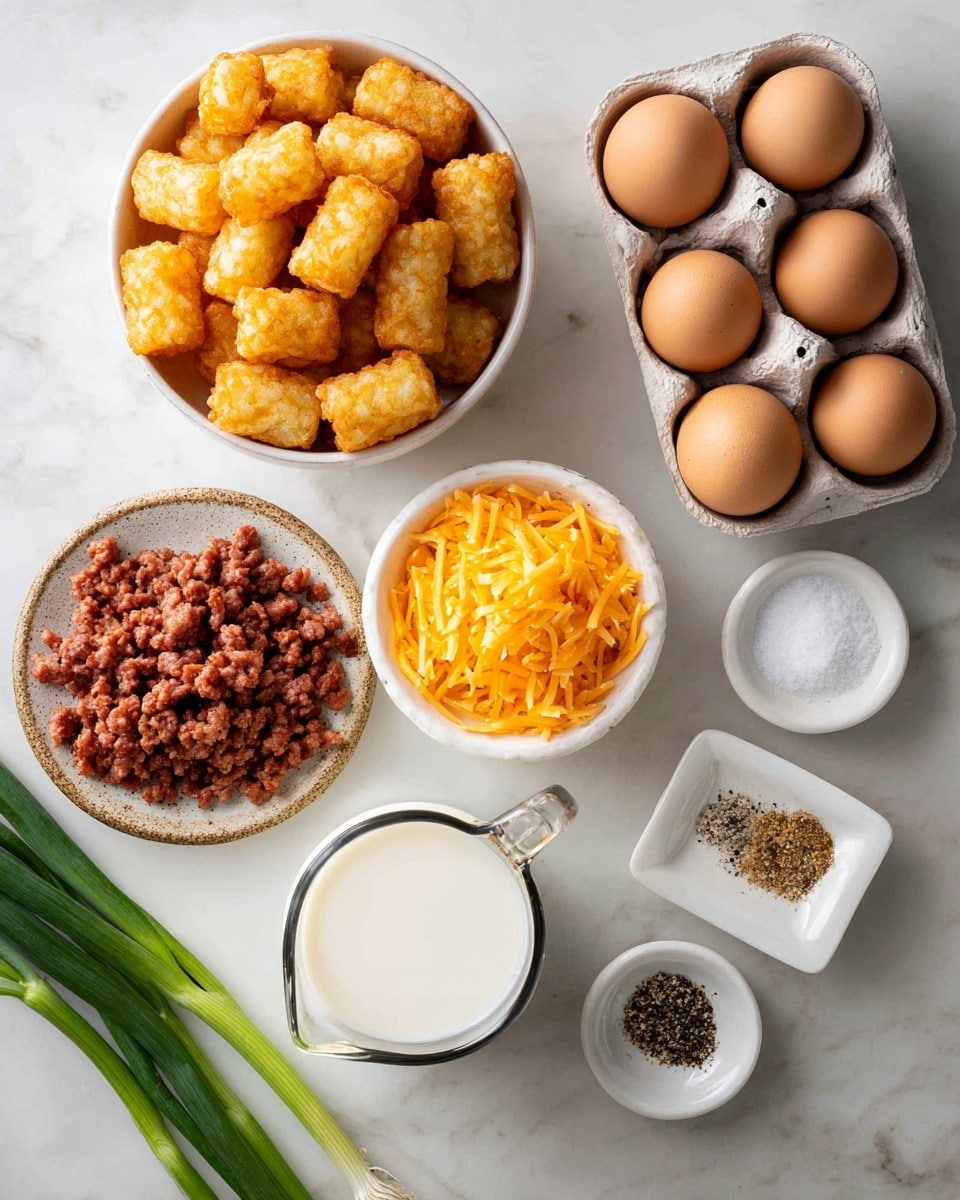 A top view of several food ingredients neatly arranged on a white marbled surface. On the top left, there is a white bowl filled with golden-brown tater tots showing a crispy texture. To the right of the tater tots, an open carton contains eight brown eggs. Below the eggs, two small white bowls are filled with bright orange shredded cheese. In the middle left, a rustic dish holds crumbled breakfast sausage with a reddish-brown color. Below this, a clear glass measuring cup is filled almost to the top with white milk. Next to the milk, a small white dish holds seasoned salt and black pepper, each forming small separate piles of fine brown and black granules. A few green onions lie on the left edge of the image. Photo taken with an iphone --ar 4:5 --v 7