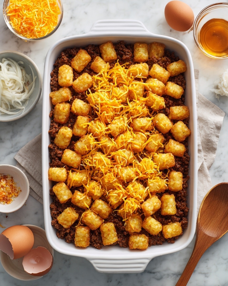 A white baking dish filled with a mix of three layers: the first layer has golden-brown tater tots scattered throughout, the second layer shows crumbled brown cooked ground beef evenly mixed in, and the third layer has small sprinkles of bright orange shredded cheese spread on top. A wooden spoon is resting on the right side of the dish, slightly mixing the ingredients. The dish sits on a white marbled surface with small bowls of additional ingredients and eggs nearby. Photo taken with an iphone --ar 4:5 --v 7