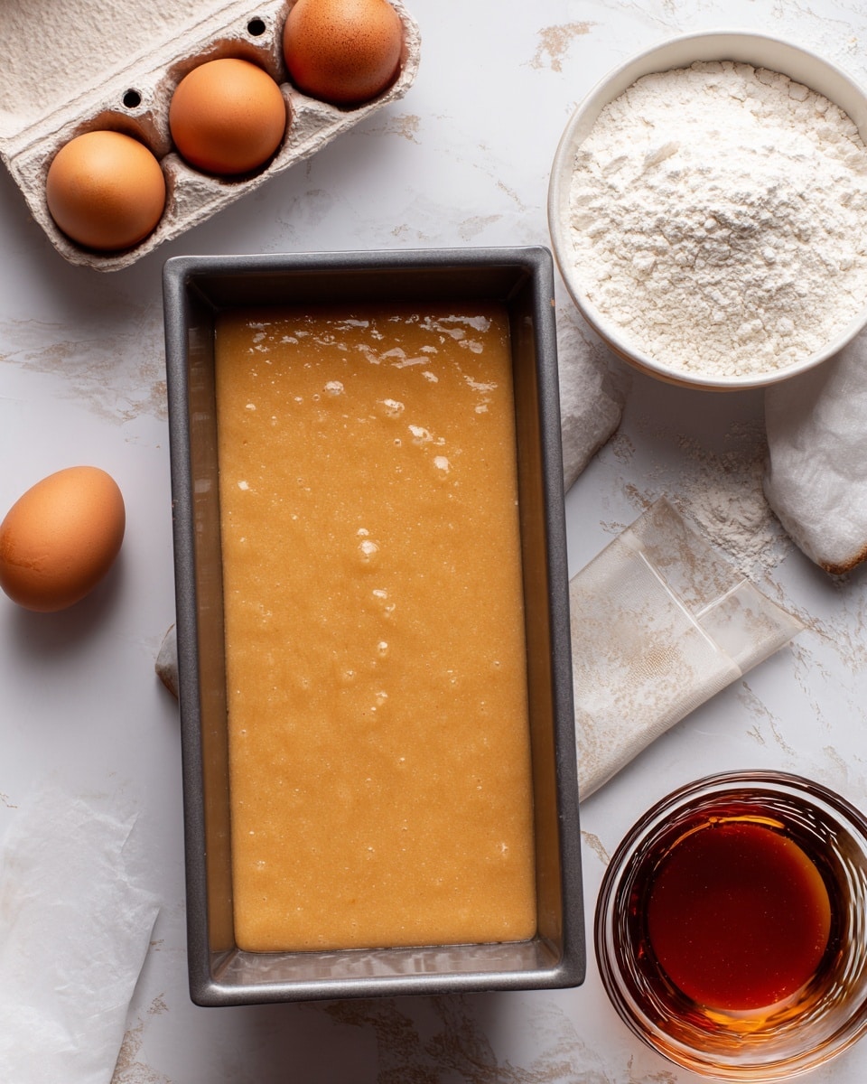 A white plate holds three thick slices of brown cake arranged in a slightly overlapping row at the top. Each slice reveals a dense texture with small holes throughout, and a thin layer of smooth, pale cream-colored icing on the top edge. Below the slices, the remaining part of the cake is visible, covered fully with the same creamy icing that has a soft, glossy texture and covers the sides gently. To the right side of the plate, thin pale yellow apple slices with hints of red skin edge the cake. The background is a white marbled surface. photo taken with an iphone --ar 4:5 --v 7