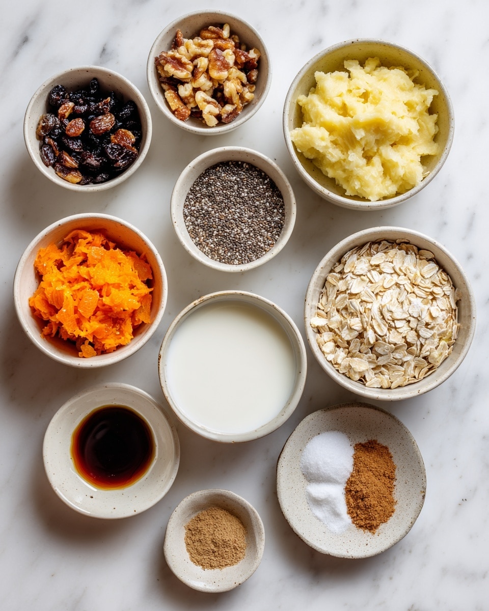 The image shows nine small white bowls arranged on a white marbled surface, each with different ingredients labeled: at the top right, a bowl filled with mashed yellowish banana; in the center, a bowl with off-white oats; top left, a bowl with a mix of light brown chopped nuts and dark raisins; below the oats, a bowl with bright orange grated carrot; next to the carrot, a bowl with white milk; at the bottom left, a bowl holding small black chia seeds; bottom center, a tiny bowl with dark brown vanilla extract; and bottom right, a small plate with three small piles of ground spices—brown cinnamon, light brown nutmeg, and white salt, all neatly arranged within the bowls. The texture of the contents varies from smooth to coarse, and the shot is brightly lit with soft shadows. Photo taken with an iphone --ar 4:5 --v 7
