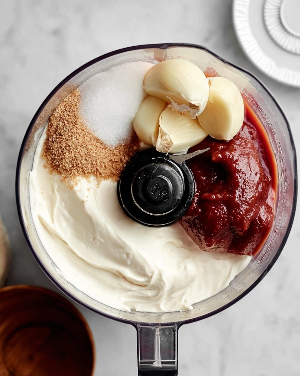 A clear glass jar filled almost to the top with a smooth, creamy sauce that is light orange with speckles throughout shows a spoon lifting some sauce above the jar, the sauce flowing back down in a thick ribbon. Behind the jar, there is a blurred white marbled surface with a white bowl filled with dark red chunky sauce, a lime half, and a wooden bowl with white salt crystals. photo taken with an iphone --ar 4:5 --v 7
