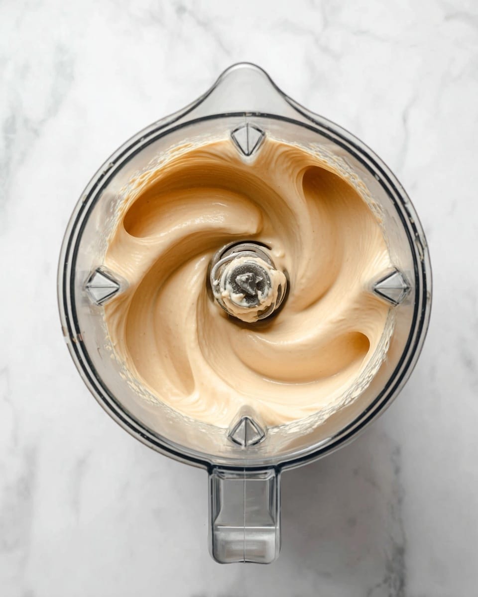 This image shows a blender viewed from above, filled with a smooth, creamy beige mixture that swirls inward toward the blades at the center. The blender container is clear with sharp edges and a handle visible on the side. The background and surface are white with a marbled texture, giving a clean and bright look to the setup. photo taken with an iphone --ar 4:5 --v 7