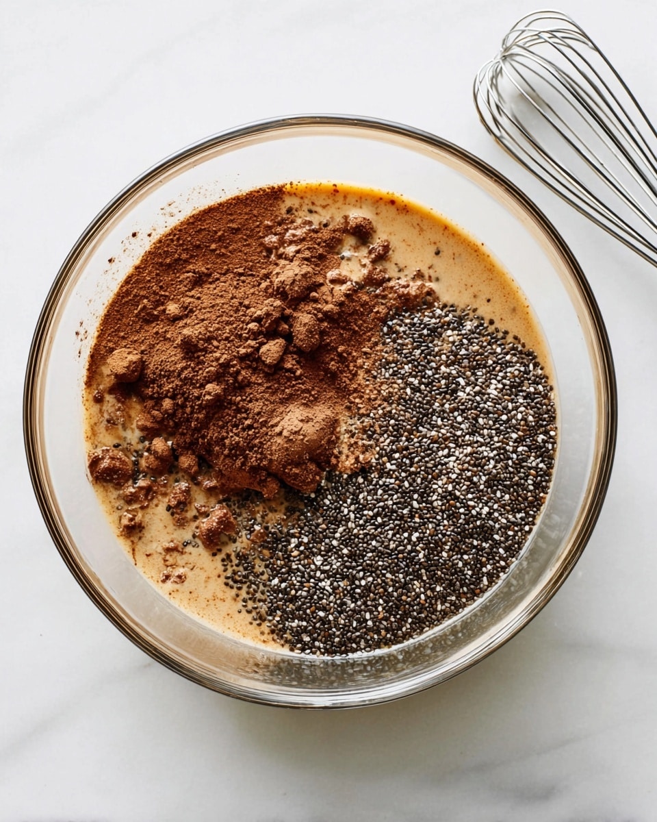 A clear glass mixing bowl sits on a white marbled surface, filled with layers of ingredients. The bottom layer is a light brown liquid that looks like milk. On top of this, there are clumps and sprinkles of dark brown powder scattered unevenly across the liquid. One large pile of finely ground brown powder rests on one side. On the opposite side, there is a dense layer of small, black chia seeds grouped together, creating a textured patch. In the background, a whisk with a black handle lies on the white marbled surface. photo taken with an iphone --ar 4:5 --v 7