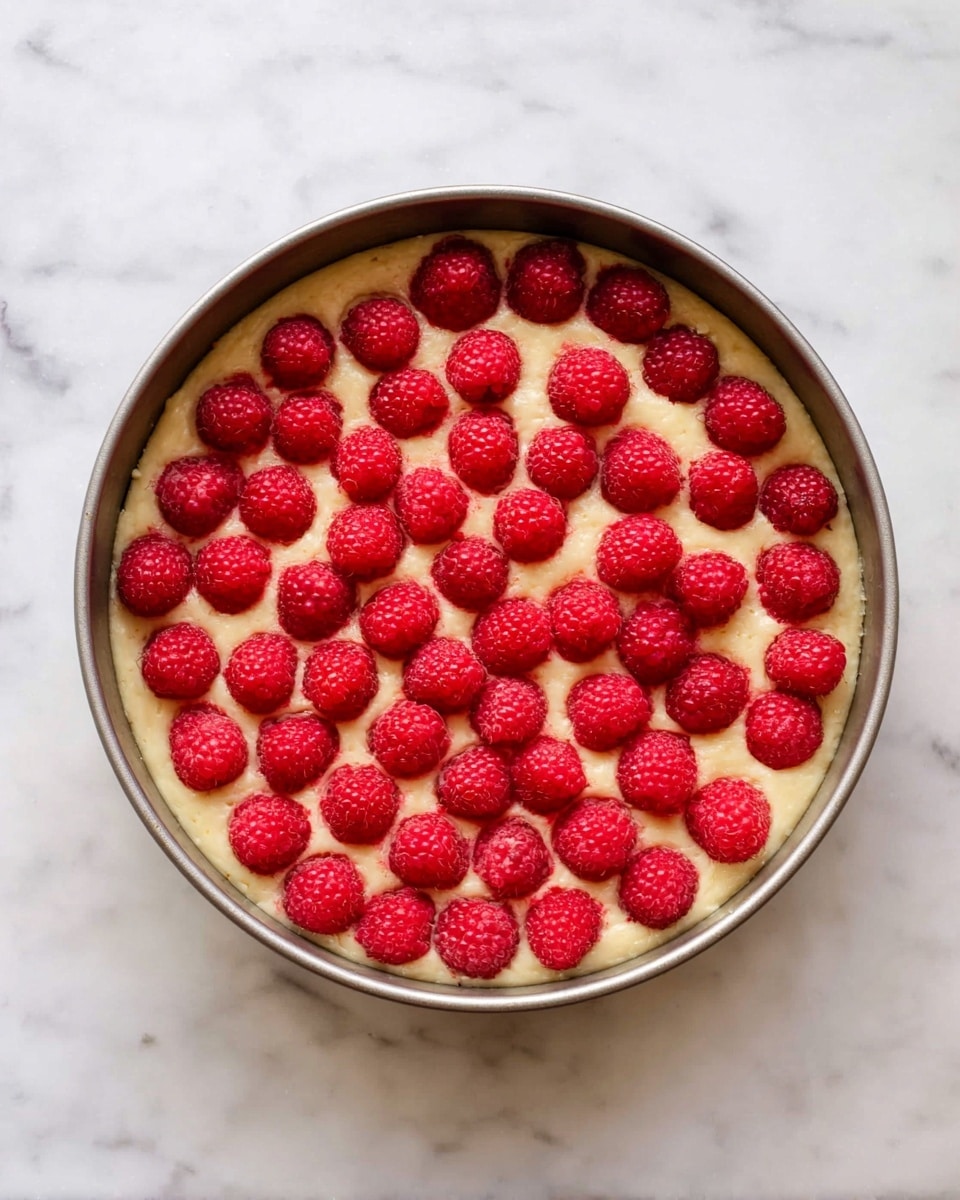 A round metal baking pan holds one layer of pale yellow batter that looks smooth and thick, evenly spread across the base; on top, bright red raspberries are placed in close rows, almost covering the batter, each raspberry showing its tiny textured detail. The pan sits on a white marbled surface. photo taken with an iphone --ar 4:5 --v 7