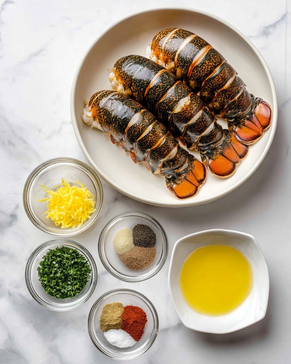 The image shows three lobster tails placed inside a white bowl, each with a dark speckled and orange shell, arranged side by side. Below the bowl, there are six small clear glass bowls and one white square dish. The largest glass bowl is filled with bright yellow melted butter. To its right, a smaller glass bowl contains a mix of spices including black, white, and red powders in small heaps. Next to it, the white dish holds three types of spices in separate piles: brown, red, and white powders. A tiny bowl filled with light-colored minced garlic is below the white dish. On the lower left, two small glass bowls hold finely chopped green herbs and bright yellow lemon zest respectively. All the items are placed on a white marbled surface, arranged neatly and lit with soft, natural light. Photo taken with an iphone --ar 4:5 --v 7