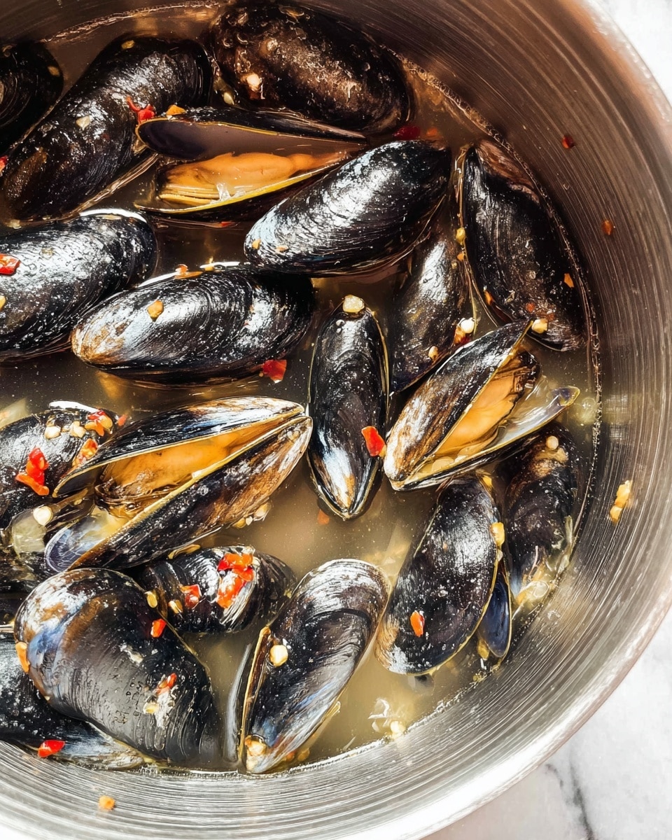 A close-up image of a pot filled with whole black mussels soaking in a clear, light broth with small red chili flakes and bits of white onion floating around. The mussels have shiny, smooth dark shells with slight natural white patterns, and they sit tightly closed or slightly open. The pot has a metallic, ribbed texture visible on its inner walls, and the liquid covers the mussels halfway, showing the reflection of light on their wet shells. The background is a white marbled texture photo taken with an iphone --ar 4:5 --v 7