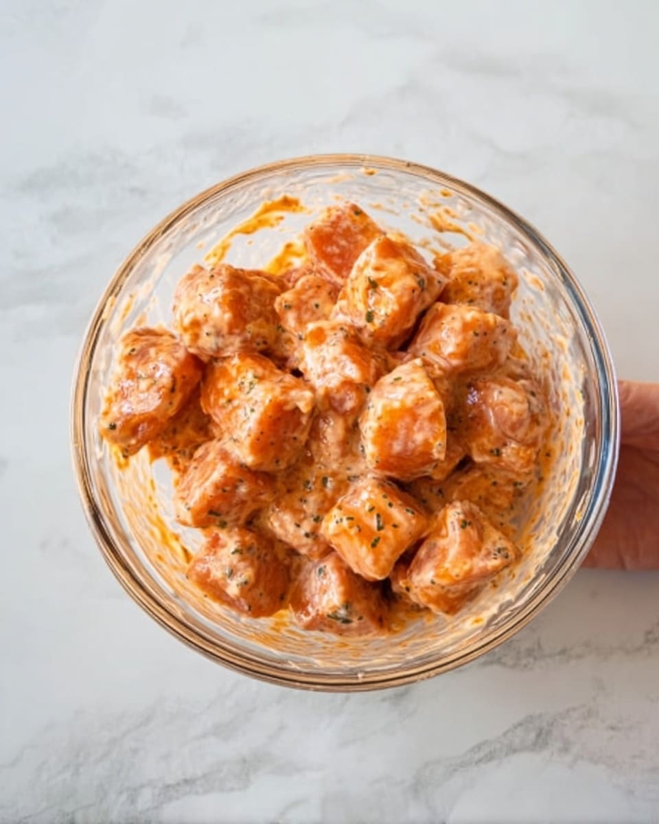 A clear glass bowl filled with small chunks of light pink salmon coated evenly in a creamy orange sauce with visible small herbs and spices on the fish pieces. The bowl is placed on a white marbled surface. A woman's hand holds the bowl slightly from the side, showing the texture of the sauce and the fresh salmon pieces inside. Photo taken with an iphone --ar 4:5 --v 7