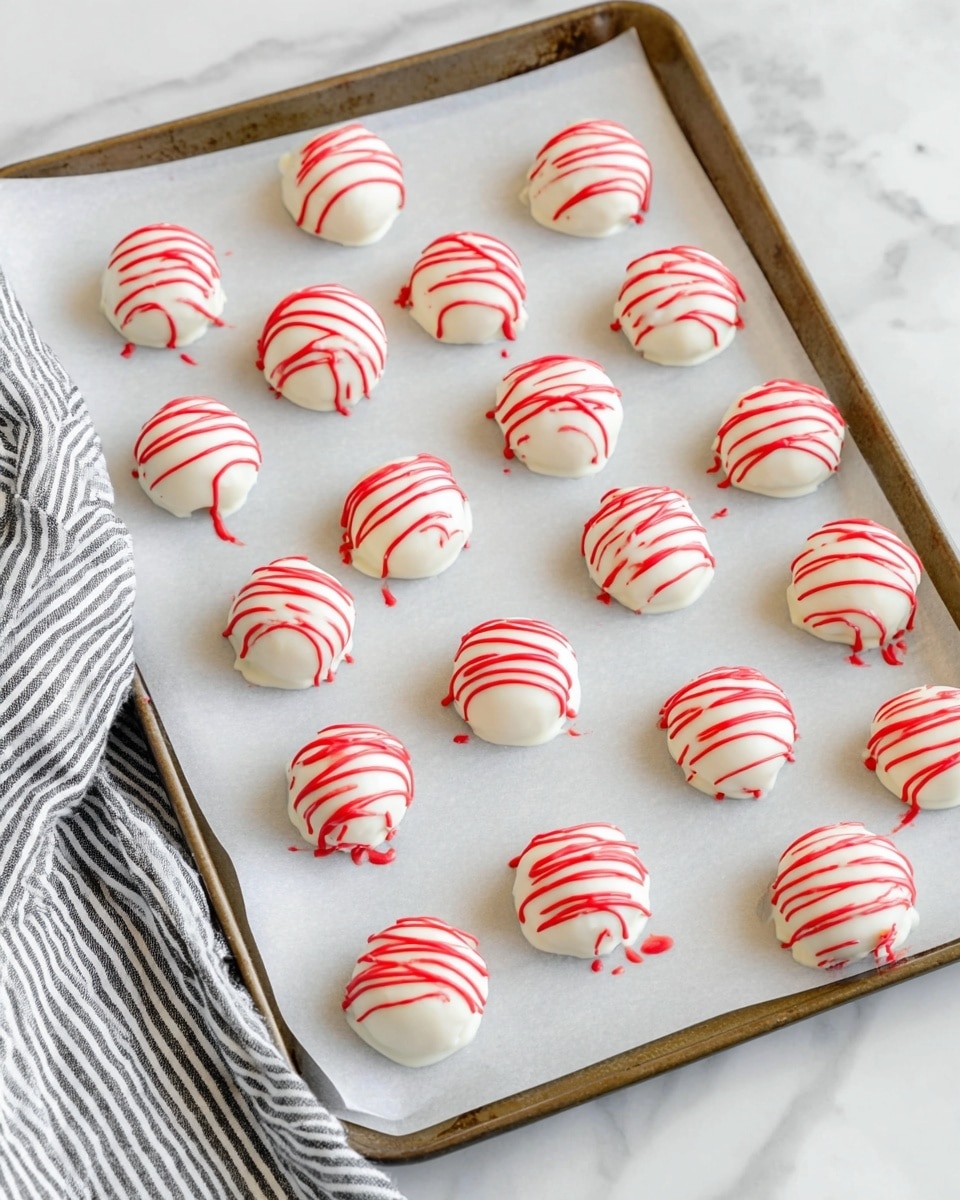 The image shows a baking tray lined with white parchment paper holding twenty small round treats. Each treat has a smooth white coating that looks like chocolate or icing. On top of each treat, there are thin, wavy red lines drizzled in a zigzag pattern. The tray sits on a white marbled surface with a striped black and white cloth partially visible on the left side. Photo taken with an iphone --ar 4:5 --v 7