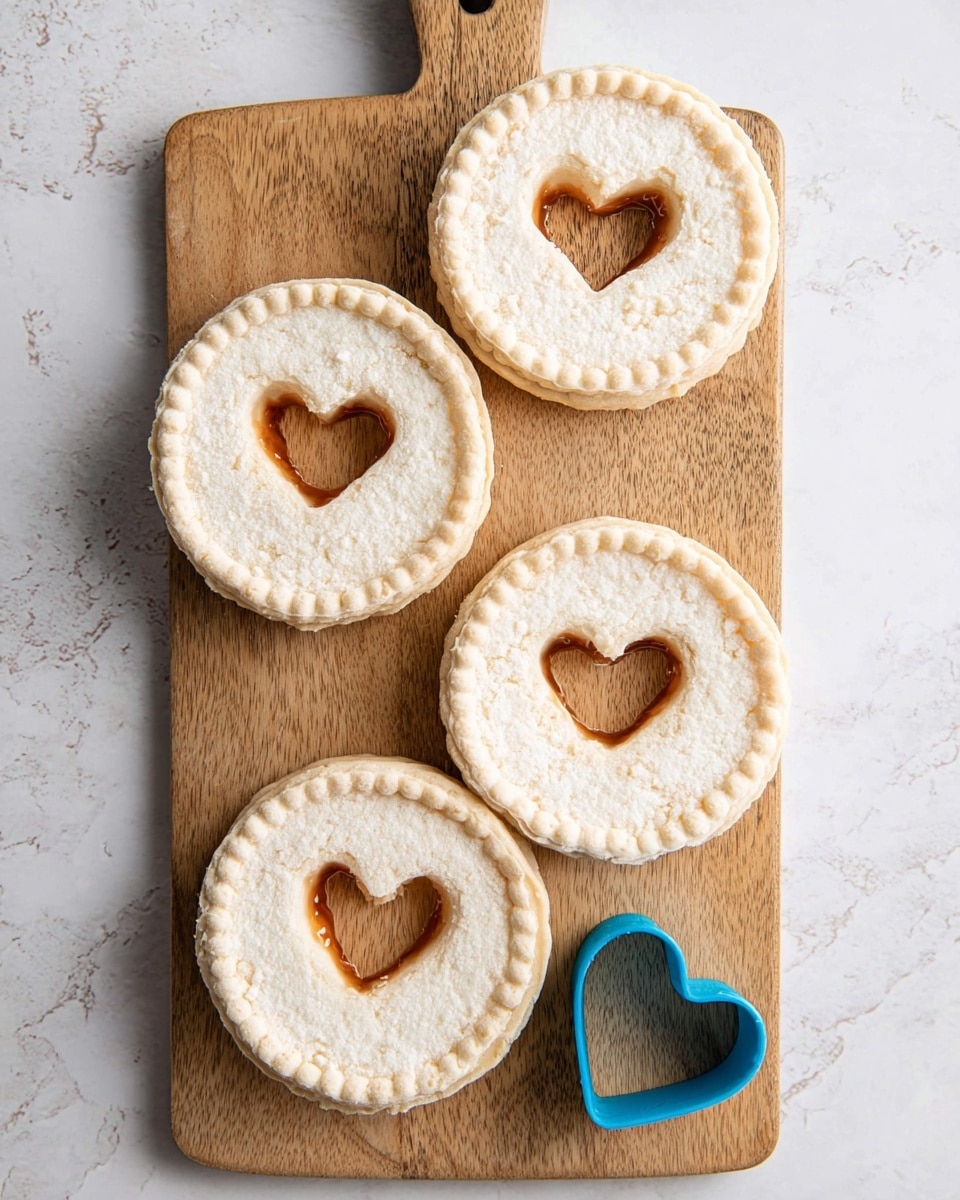 The image shows four round pieces of white bread with scalloped edges, each having a heart-shaped hole in the center. The breads are arranged on a wooden board with a handle, placed on a white marbled texture. There is a small blue heart-shaped cutter holding a heart-shaped piece of bread near the bottom right corner of the board. The cut-out hearts reveal glimpses of a darker filling inside the bread circles, likely jam or a similar spread, visible through the heart-shaped gaps. The texture of the bread is soft and fluffy, with a light crust along the edges. Photo taken with an iphone --ar 4:5 --v 7