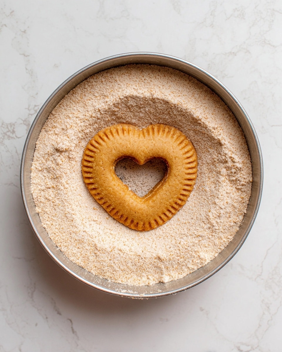 A single golden brown donut with a smooth texture and a heart-shaped hole in the middle sits in the center of a round metal bowl filled with a light beige powdery substance. The donut's edges are slightly thicker with a scalloped pattern around the rim. The bowl rests on a white marbled surface. photo taken with an iphone --ar 4:5 --v 7