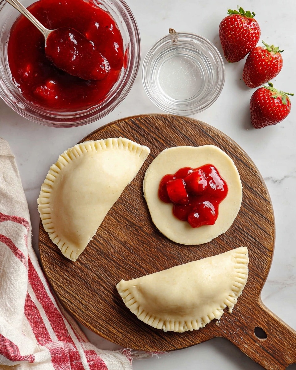 The image shows a wooden round board with three dough circles on it. Two of the circles have bright red strawberry filling with visible chunks on top, placed in the center of each dough circle. The third dough circle is folded in half and sealed with a crimped edge, ready to be cooked. Nearby, there is a clear glass bowl filled with red strawberry filling with a spoon inside, and a small clear bowl with water. Three whole fresh strawberries with green tops lie on the white marbled surface around the board, along with a red and white striped cloth partially visible. Photo taken with an iphone --ar 4:5 --v 7
