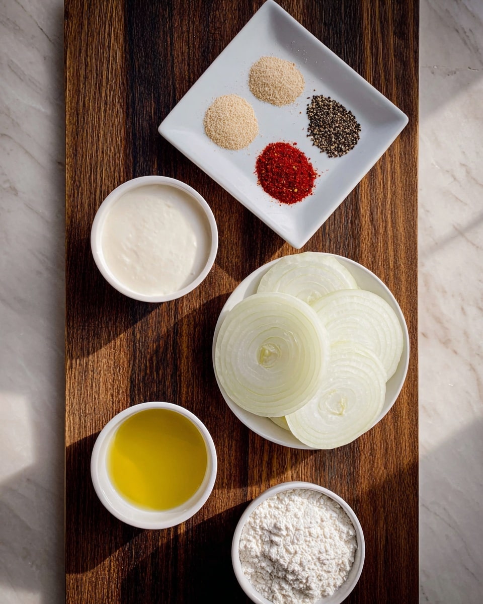The image shows five white dishes arranged on a dark wooden surface. At the top right is a square white dish holding three small piles of spices: light beige, bright red, and black with white specks. Below it, in the center right, is a round white plate with several thick round white onion slices stacked neatly. On the left side, near the middle, is a round white bowl filled with a creamy white liquid. Below it, towards the bottom left, is another round white bowl filled with golden yellow oil. At the bottom right, there is a small round white bowl filled with white flour, showing a rough texture. The arrangement is neat, and the lighting highlights the colors and textures clearly. photo taken with an iphone --ar 4:5 --v 7
