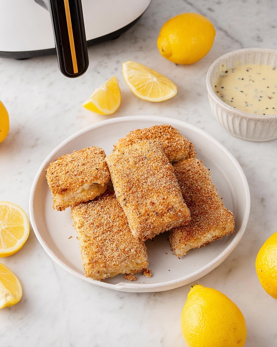 Four breaded rectangular pieces with a light brown, crumbly texture are arranged on a simple white plate. The plate sits on a white marbled surface. Nearby, there is a small white bowl filled with a creamy sauce that has small green and black specks. Around the plate, there are whole bright yellow lemons and lemon wedges placed casually. The top left corner shows part of a white kitchen appliance with a black and gold handle. photo taken with an iphone --ar 4:5 --v 7