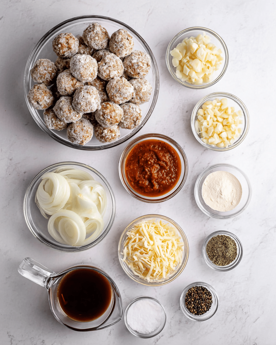 A top-down view of ingredients neatly arranged on a white marbled surface, featuring a large clear bowl filled with many small round meatballs dusted lightly with flour, positioned in the top left. Surrounding the meatballs are several small clear glass bowls holding different ingredients: chopped garlic in the top right, a reddish-brown sauce below the garlic, shredded light yellow cheese below to the left, sliced white onions in the center, a dark brown liquid in a small bowl below the onions, clear broth in a glass measuring cup on the bottom left, dried green herbs, black pepper, and a small bowl of white powder, all evenly spaced around the main bowls. The overall layout is clean and organized. Photo taken with an iphone --ar 4:5 --v 7