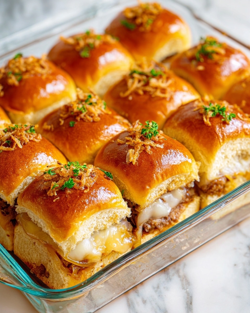 This image shows a glass tray filled with nine soft golden brown sliders arranged in three rows and three columns. Each slider has a fluffy shiny bun topped with small crispy fried onion pieces and a few sprinkles of chopped green herbs. The middle layer of each slider has melted white cheese and thin slices of cooked meat, along with sautéed onions peeking out from the sides. The sliders sit on a white marbled surface. Photo taken with an iphone --ar 4:5 --v 7