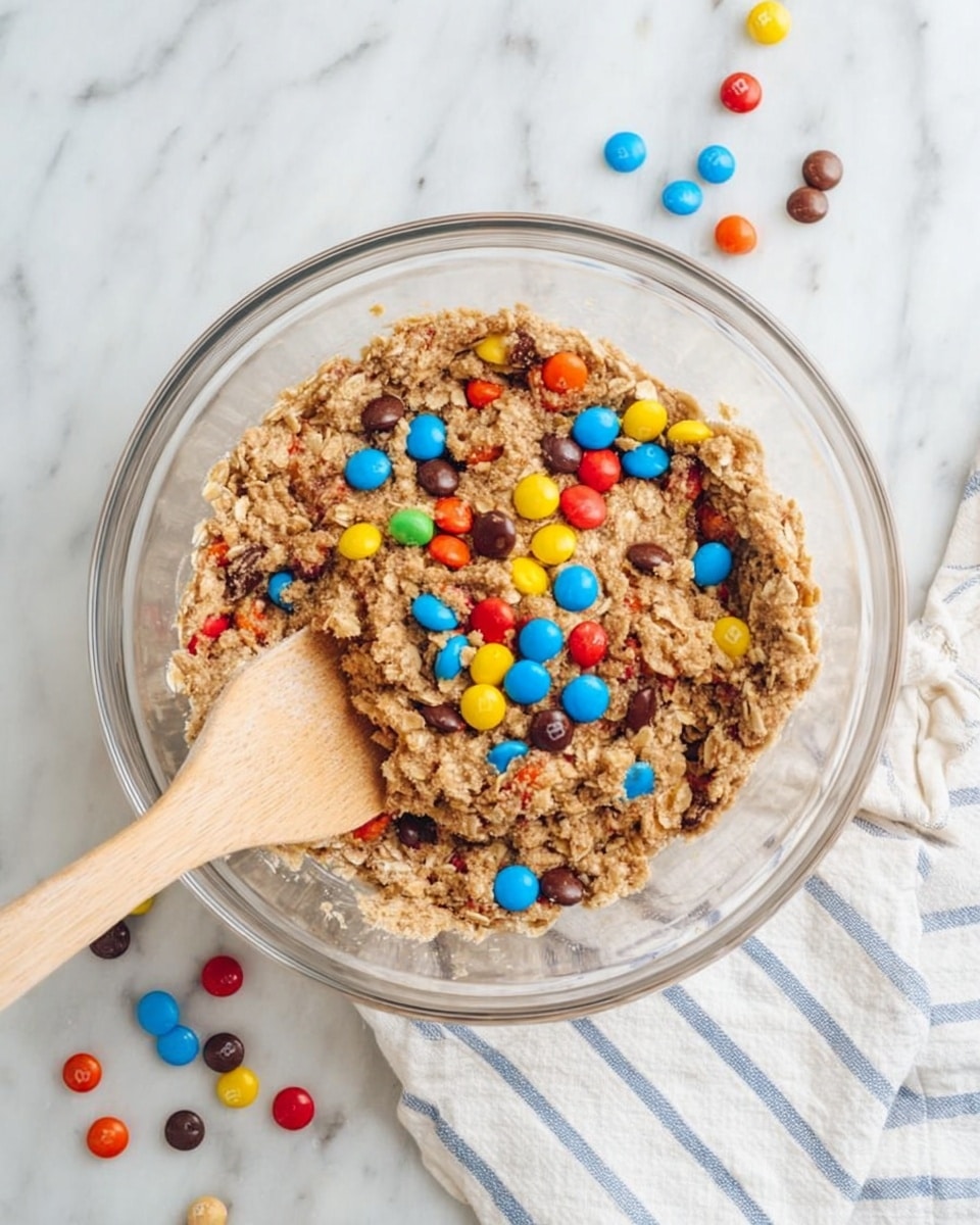 A clear glass bowl filled with a rough beige and brown oat mixture sits on a white marbled surface, with many small colorful round candies in bright blue, yellow, red, orange, and brown scattered on top and around the bowl. A wooden spatula with a pale handle rests inside the bowl, partially covered by the mixture. A white cloth with light blue stripes lies under the bowl. Photo taken with an iphone --ar 4:5 --v 7