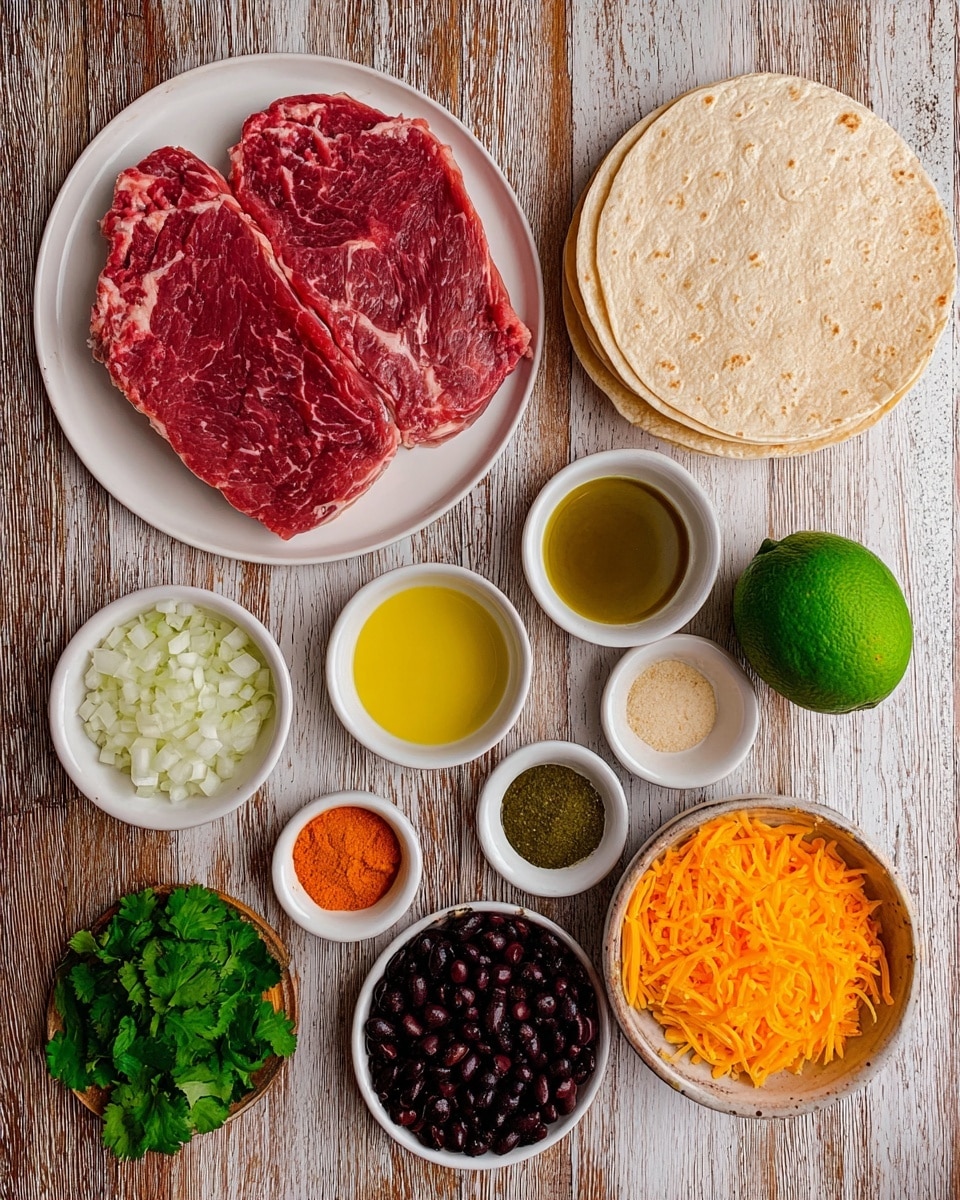 The image shows ingredients for making a dish, all arranged neatly on a wooden surface with a white marbled texture. In the center left, there is a white plate with two large slices of raw red meat. Surrounding it are small bowls: one with chopped white onions, one with green pickled peppers, one with bright orange powder, one with yellow oil, one with fresh green cilantro, one with black beans, and one with shredded orange cheese. At the top right, there is a stack of white flour tortillas. A whole green lime is placed near the onions. Photo taken with an iphone --ar 4:5 --v 7