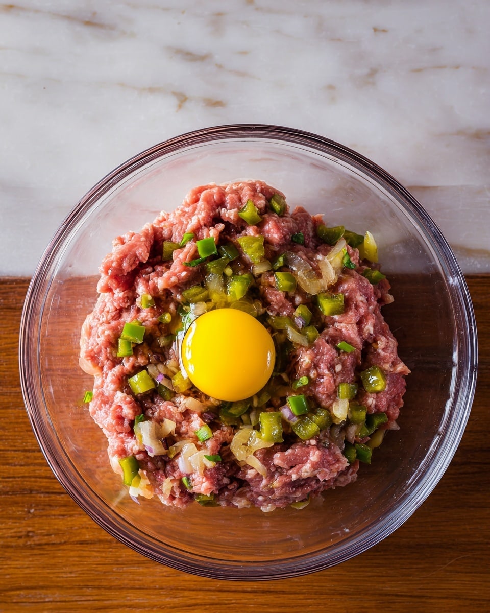 A clear glass bowl sits on a white marbled surface, filled with a base layer of raw ground meat that is pink and slightly chunky. On top of the meat, there are pieces of cooked green bell peppers and small bits of sautéed onions scattered evenly. A single raw egg yolk, bright yellow and smooth, rests on the meat and vegetables near the center, adding a glossy contrast to the textures around it. The bowl’s round edges are visible, and the wooden background seen through the glass adds warmth to the composition. photo taken with an iphone --ar 4:5 --v 7