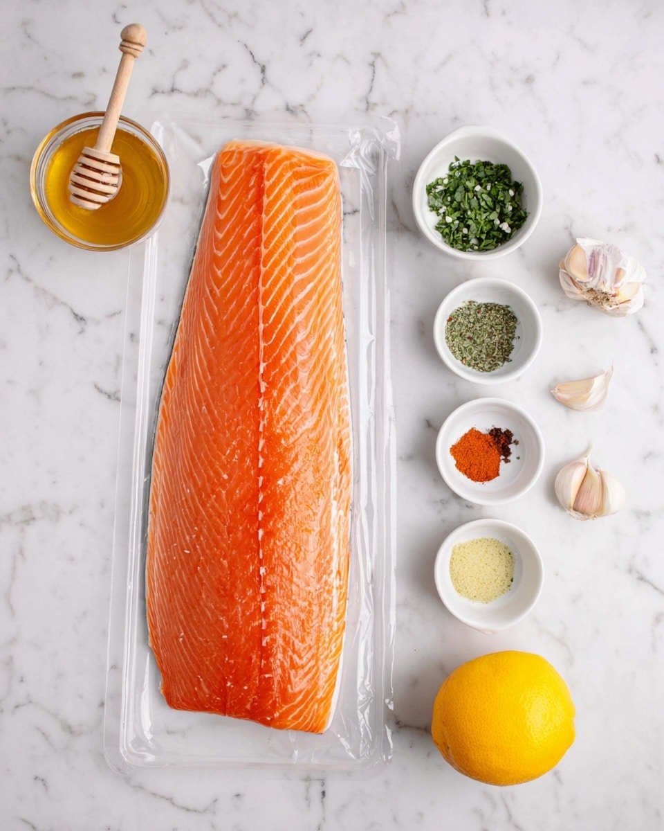 A large, fresh orange salmon fillet rests in clear plastic packaging on a white marbled surface, showing fine white lines running lengthwise through the fish. To the right of the fillet, there are six small white dishes arranged in a neat vertical line. From top to bottom, the first holds honey with a light wooden honey dipper inside, the second is filled with finely chopped green herbs, the third contains a small amount of light green sauce, the fourth dish has white salt and black pepper divided in half, under it there are two garlic cloves placed directly on the marble, and the fifth has red paprika powder and pale yellow garlic powder. Below these dishes, a whole orange and a lemon sit side by side on the marble. The whole setup is clean and simple, with a white marbled background keeping the focus on the ingredients photo taken with an iphone --ar 4:5 --v 7