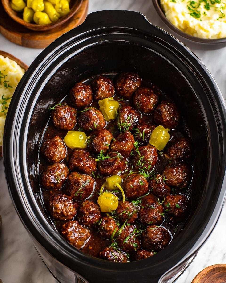 A black slow cooker filled with many browned meatballs, coated in a shiny sauce, mixed with several whole green pepperoncini peppers and garnished with small pieces of green herbs scattered on top. Around the cooker, there is a white marbled surface with blurred small bowls, one with mashed potatoes topped with green herbs and another with yellow pepperoncini peppers. Photo taken with an iphone --ar 4:5 --v 7