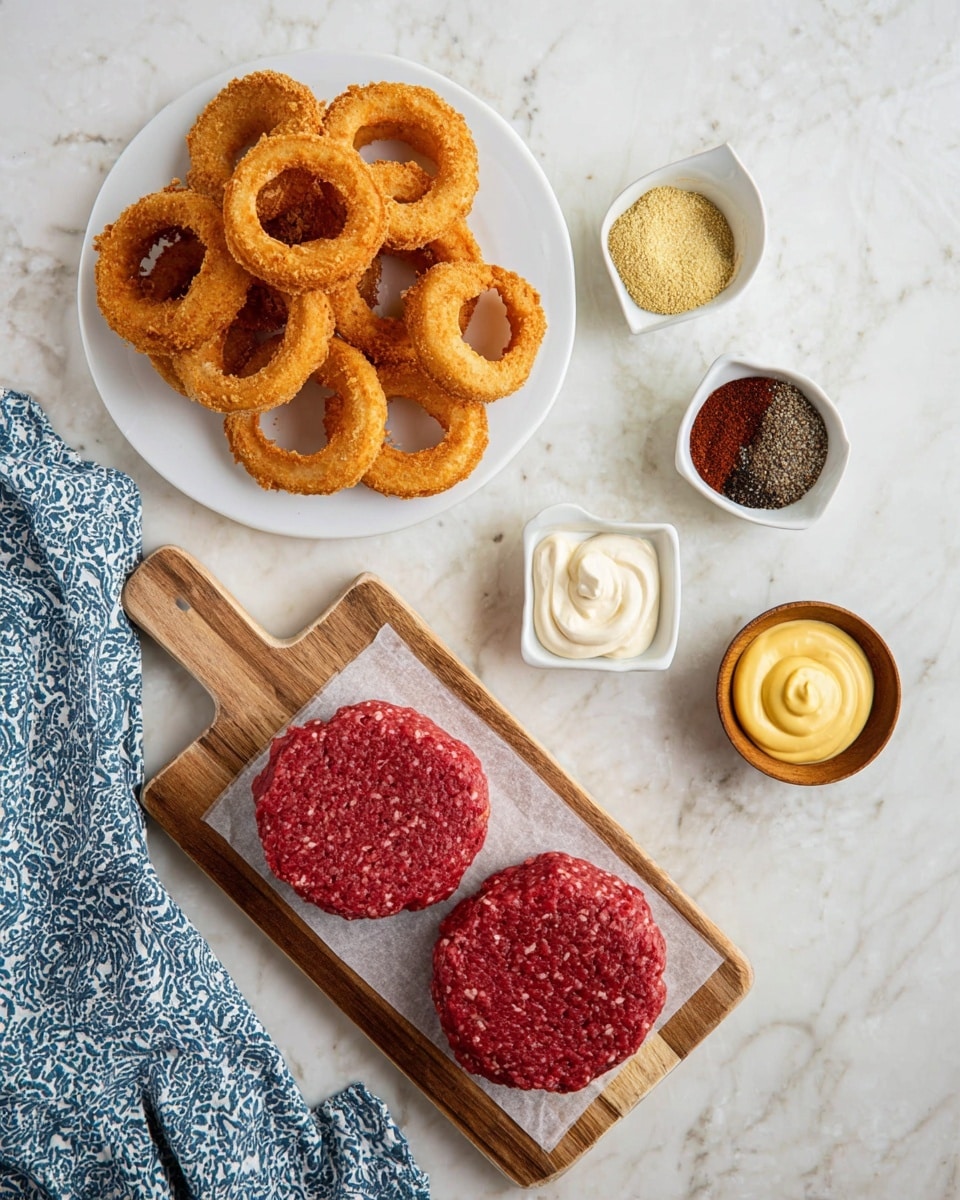 The image shows two raw red burger patties with visible fat pieces, placed side by side on a wooden board with light and dark wood tones, positioned on the right side of the frame. Above the patties, there is a white round plate filled with seven golden-brown crispy onion rings arranged overlapping each other. Surrounding these main items are six small white square or round dishes filled with various condiments and spices: a light yellow powder, dark brown sauce, a bright red powder, salt and black pepper mix, creamy yellow mustard, and a wooden bowl with off-white mayonnaise swirls. The entire scene is set on a white marbled texture surface, with a blue-and-white patterned cloth positioned at the bottom left corner. photo taken with an iphone --ar 4:5 --v 7