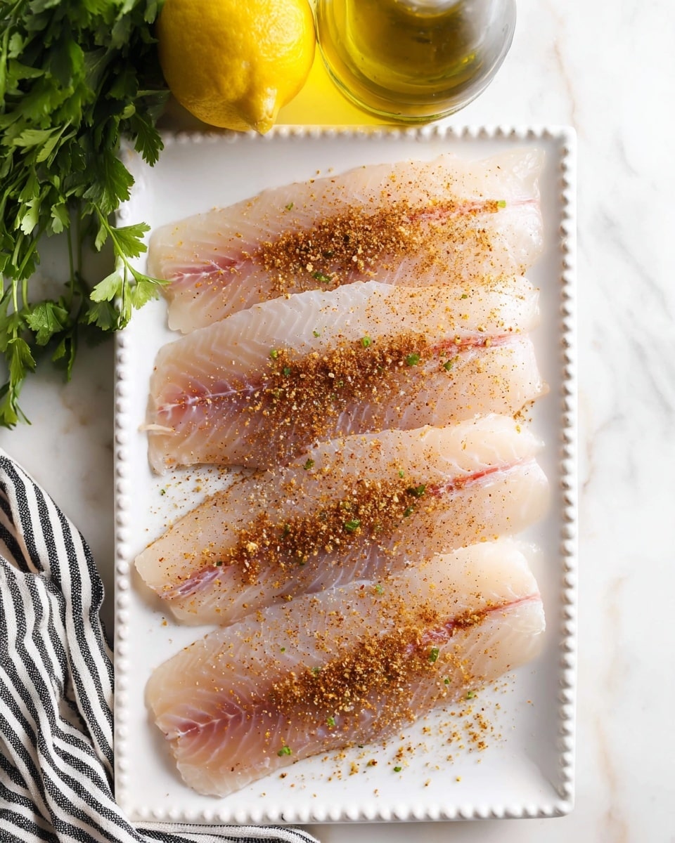 Four raw fish fillets are laid out flat, side by side, on a white rectangular plate with a beaded edge. The fish is light pink with subtle white and purple lines showing its fresh texture. A brown spice mix is sprinkled unevenly on top, concentrated more in the center and thinning out toward the edges. At the top left corner of the image, part of a lemon half and a green parsley bunch are visible, adding a touch of color. A bottle of olive oil is placed near the lemon on a white marbled surface. A striped black and white cloth is partially visible at the bottom left corner. photo taken with an iphone --ar 4:5 --v 7