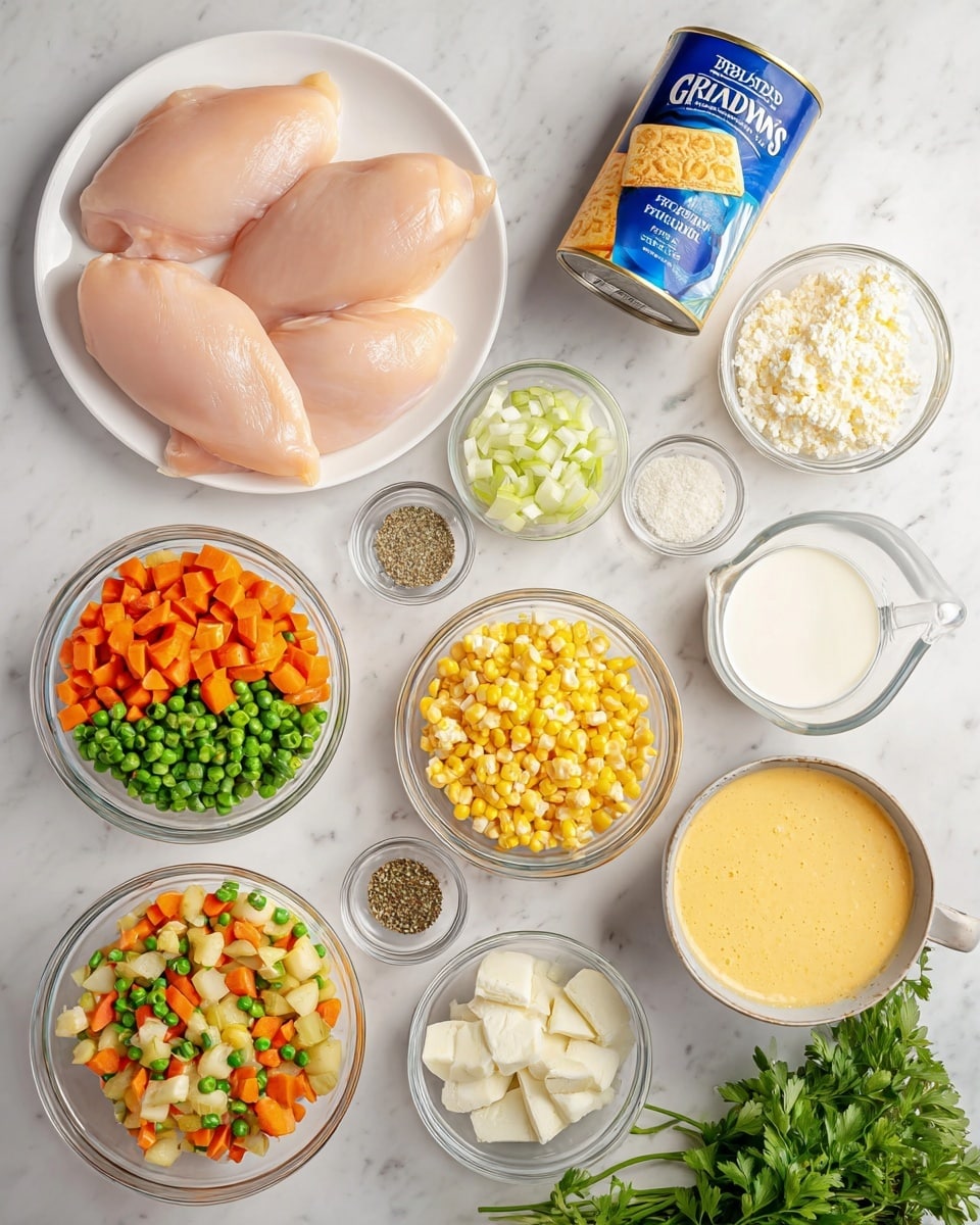 The image shows ingredients for a dish arranged neatly on a white marbled surface. At the top left, there is a white plate with three raw chicken breasts, smooth and pale pink in color. To the right of the chicken, there is a blue and yellow can of Pillsbury Grands biscuits. Surrounding these central items are several clear glass bowls containing chopped vegetables and seasonings: diced white onions, chopped green celery, a mix of frozen colorful vegetables with green beans, orange carrots, peas, and corn, and diced pale yellow potatoes. Also included are smaller glass bowls with minced garlic, dried herbs, and a mix of salt and pepper. There is a bowl with a creamy yellow cheese sauce, a bowl of white milk or cream, a small measuring cup of brown liquid broth, and a bunch of fresh green parsley at the bottom right. The items are all evenly spaced, with a clean and fresh appearance. Photo taken with an iphone --ar 4:5 --v 7